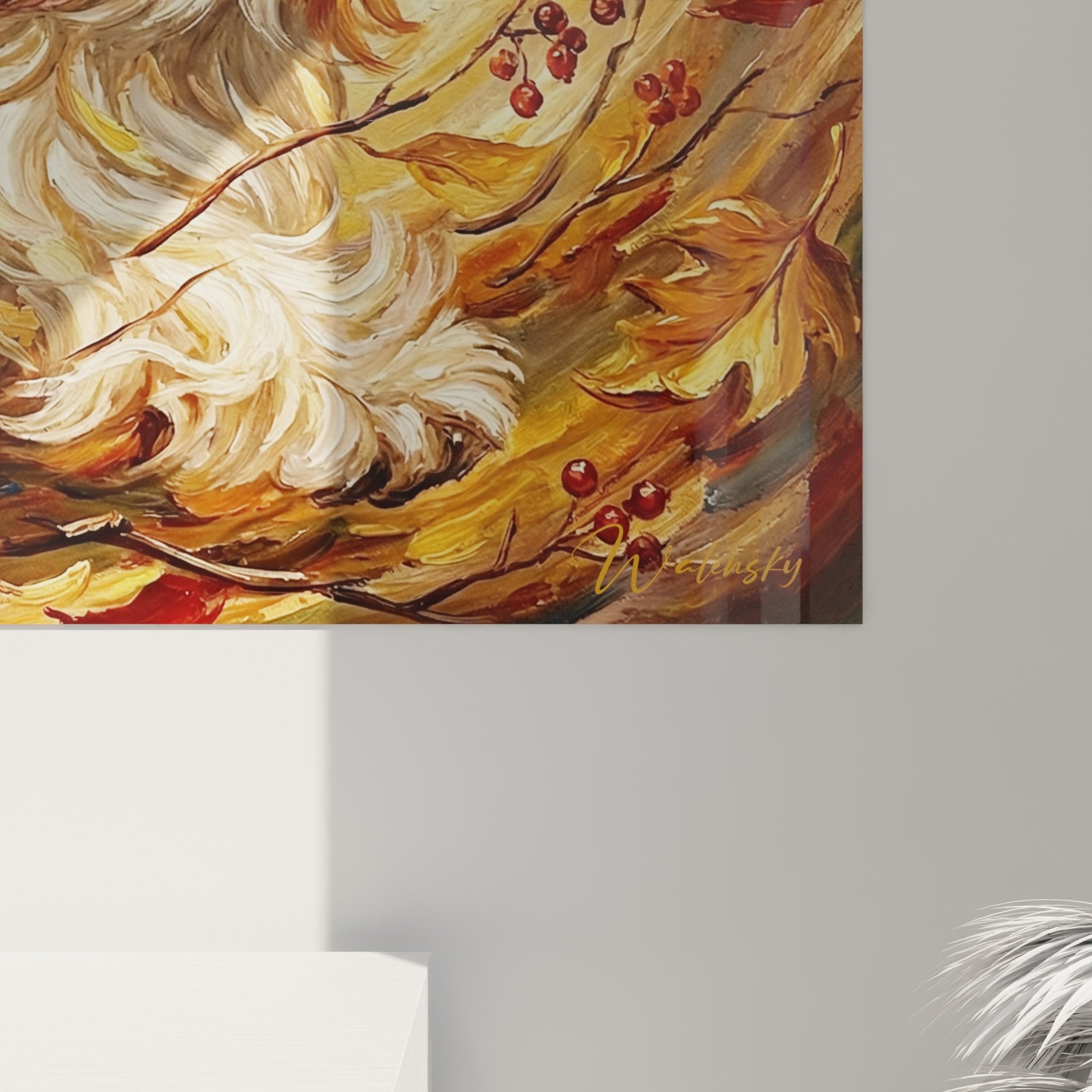 Vue ensemble tableau mural Shih Tzu tons dorés cuivrés style tourbillonnant pour décoration intérieure chaleureuse