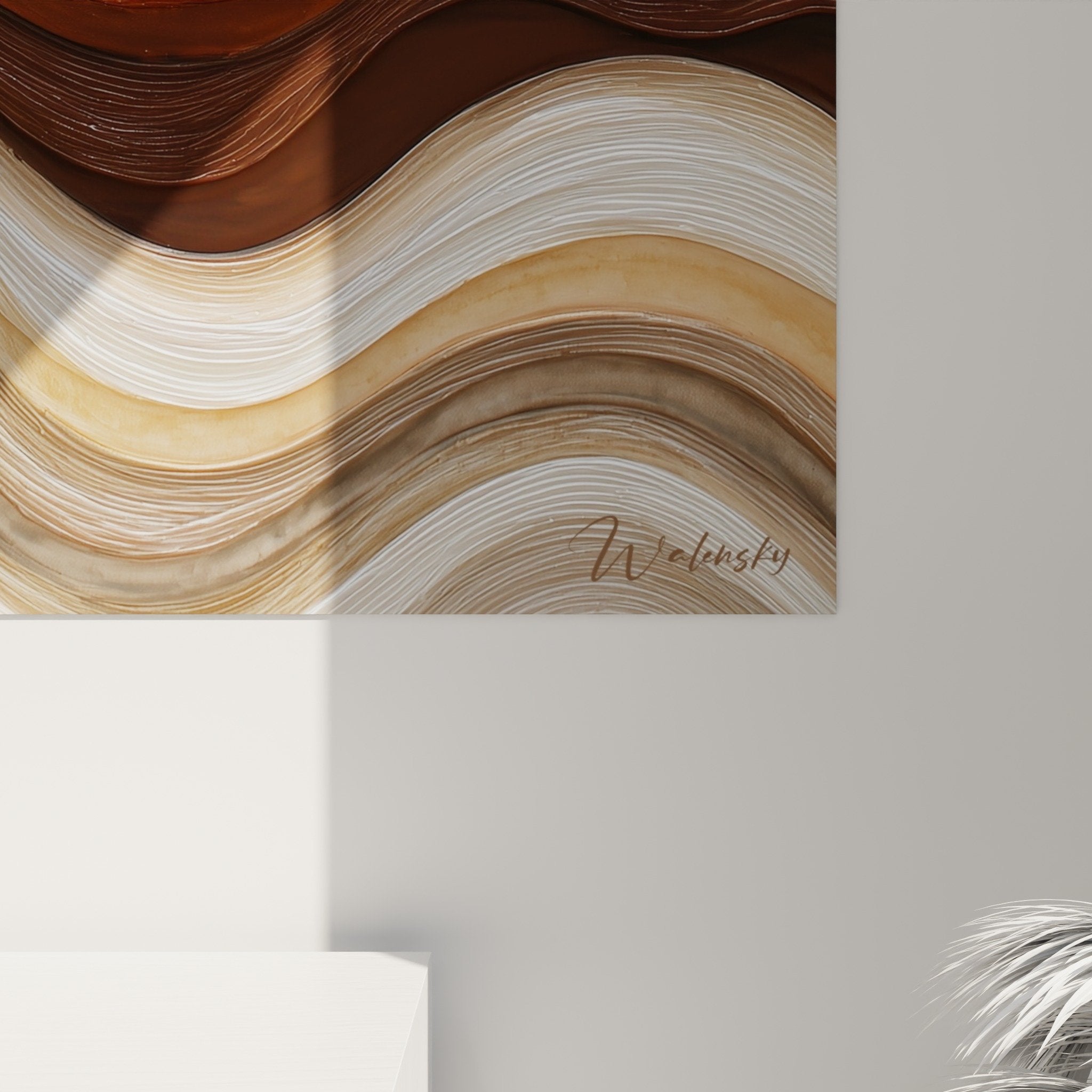 Vue ensemble tableau ondulations terre cuivre salon moderne decoration murale feng shui centre terre
