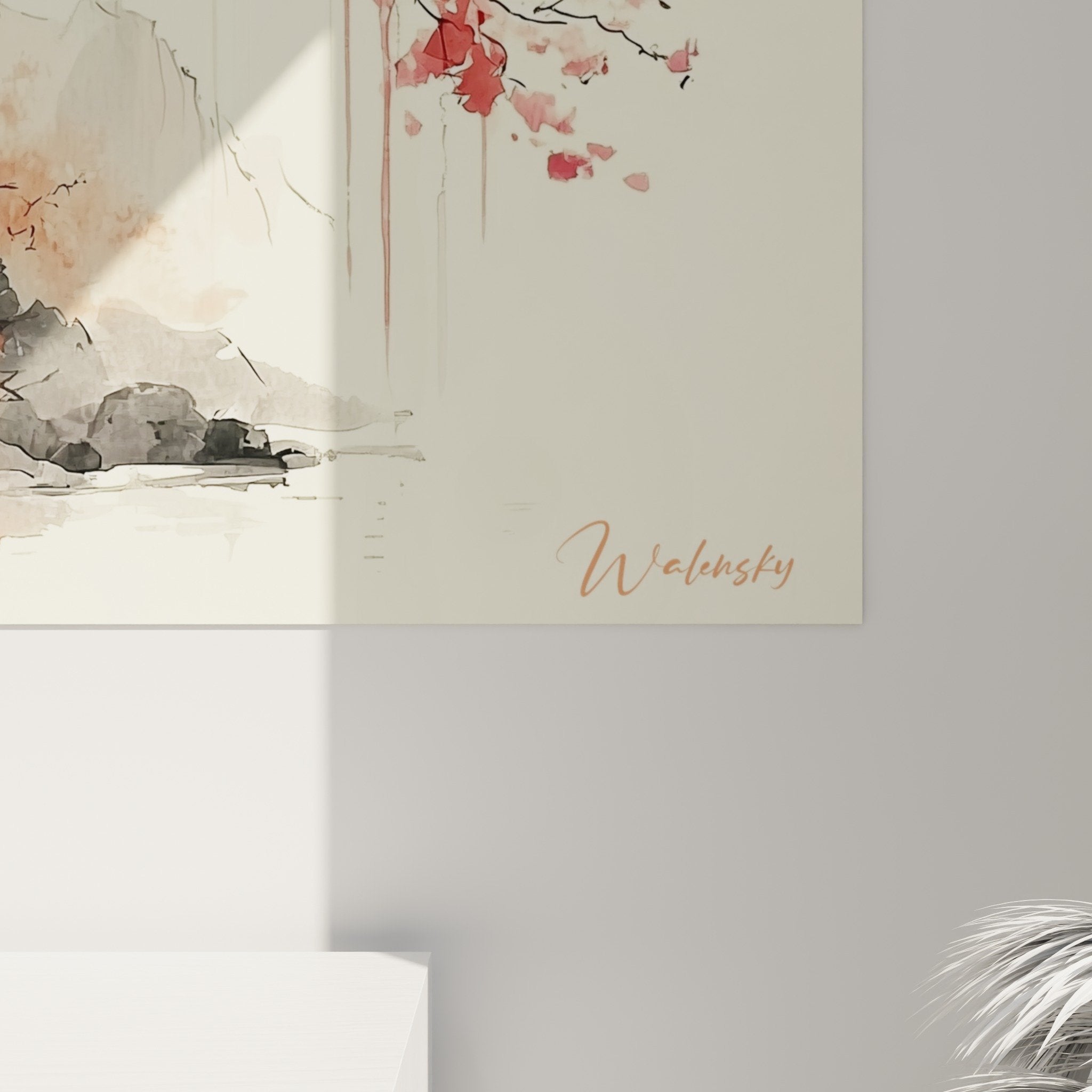 Vue ensemble tableau pagode japonaise cerisiers fleuris montagnes oiseaux style zen