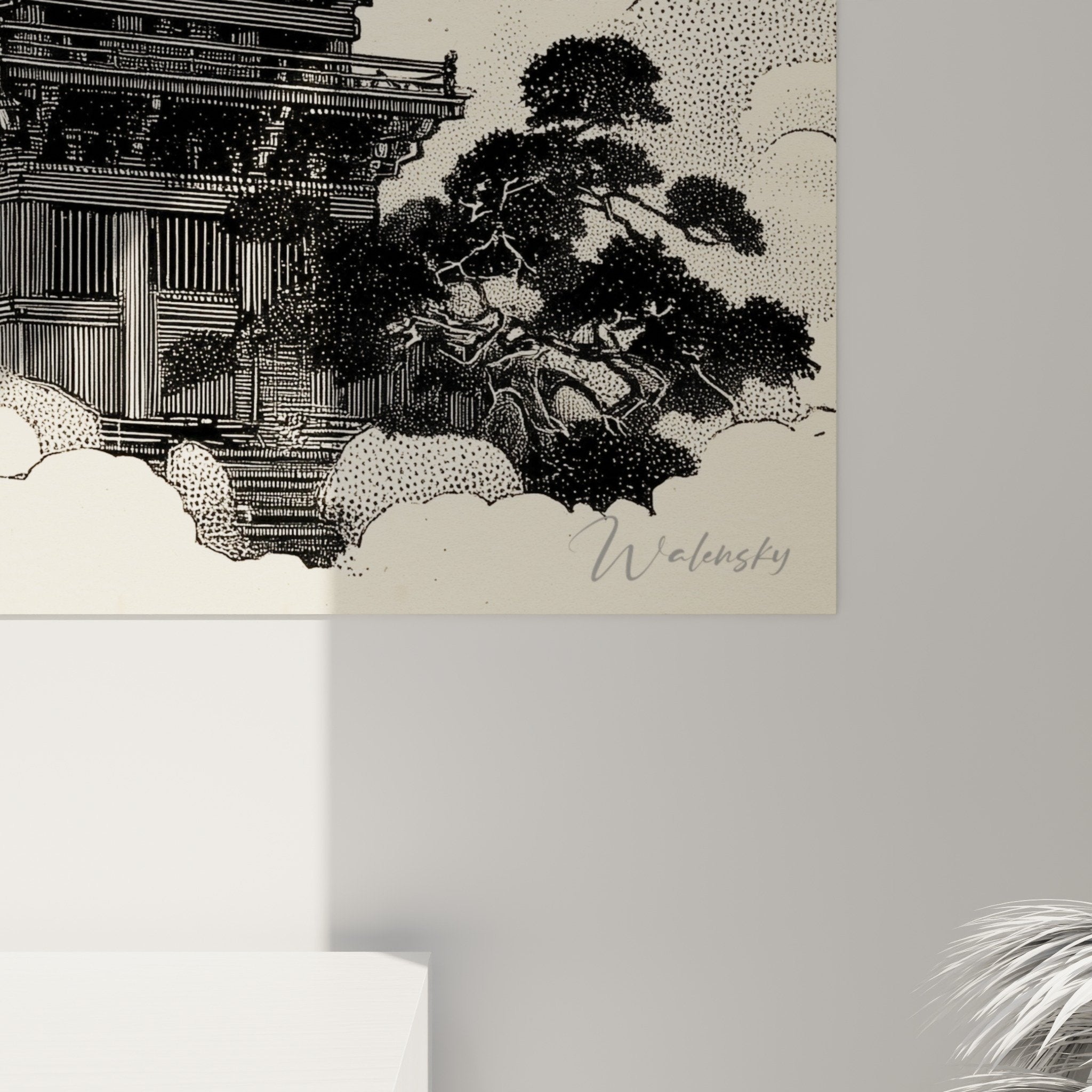 Five-level pagoda print black and white wall art Asian décor overview