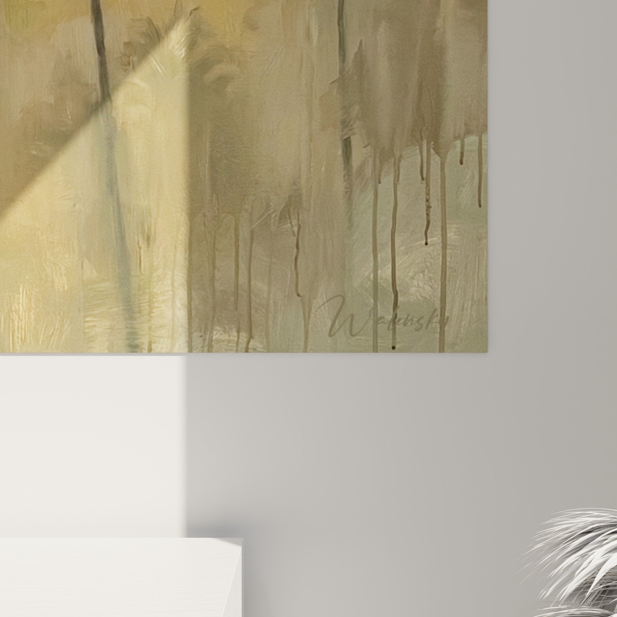 Vue ensemble tableau palmiers sous averse tons ocre miel decoration murale tropicale bali