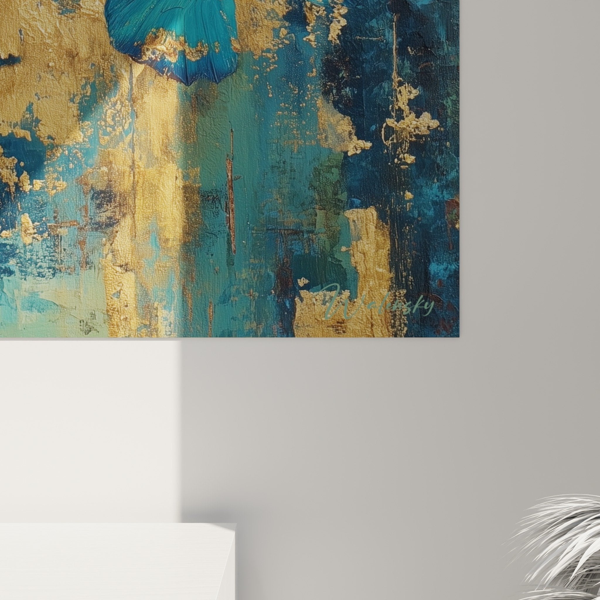Gesamtansicht Schmetterlings-Kunstdruck mit patiniertem goldenem und blauem Hintergrund, Interior-Dekoration Feng Shui