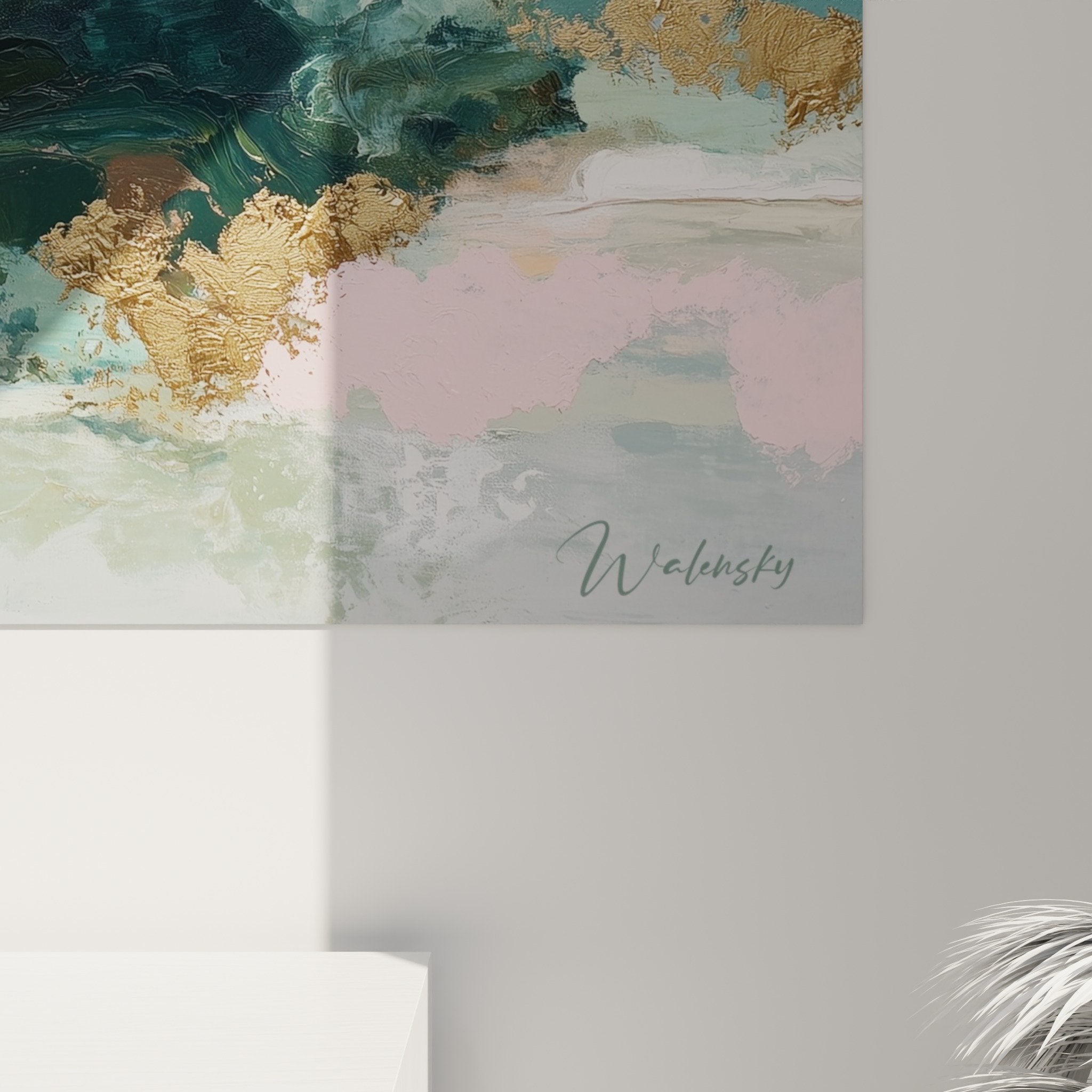 Abstract pastel landscape artwork with gold tones, serene ambiance for living room