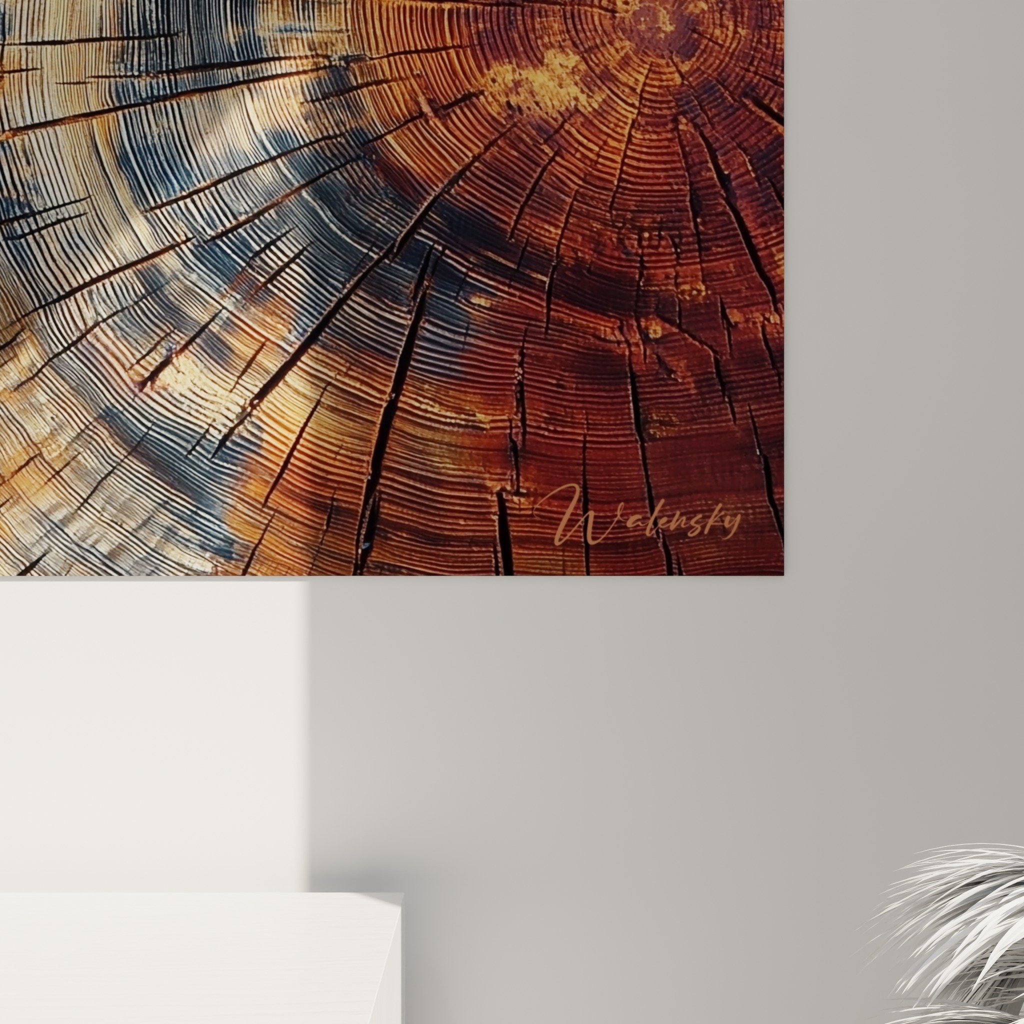 Vue perspective tableau mural coupe tronc relief ombres portées cercles concentriques bois noble déco