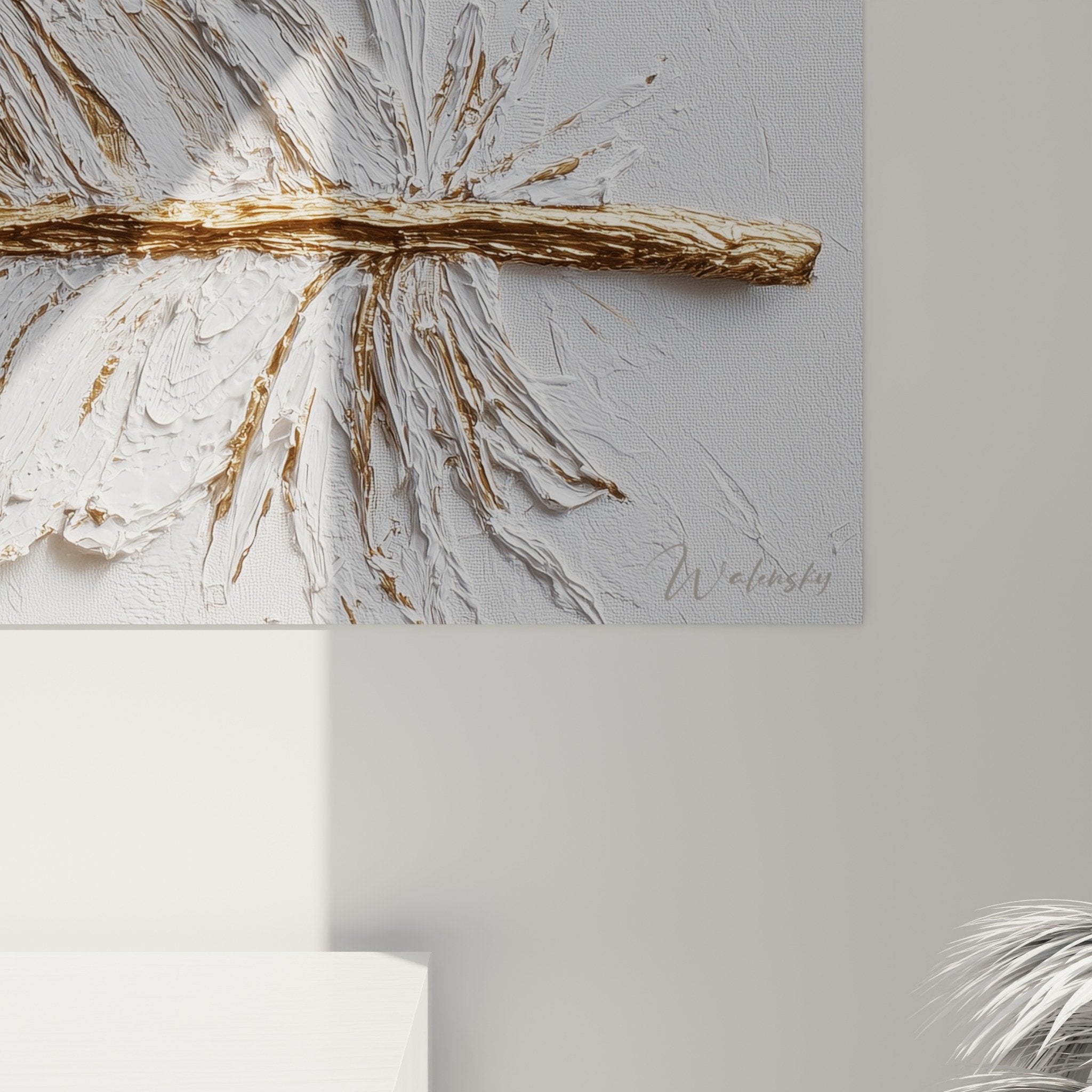 Vue plume dorée relief fond blanc tableau mural edition plume décoration intérieur élégant