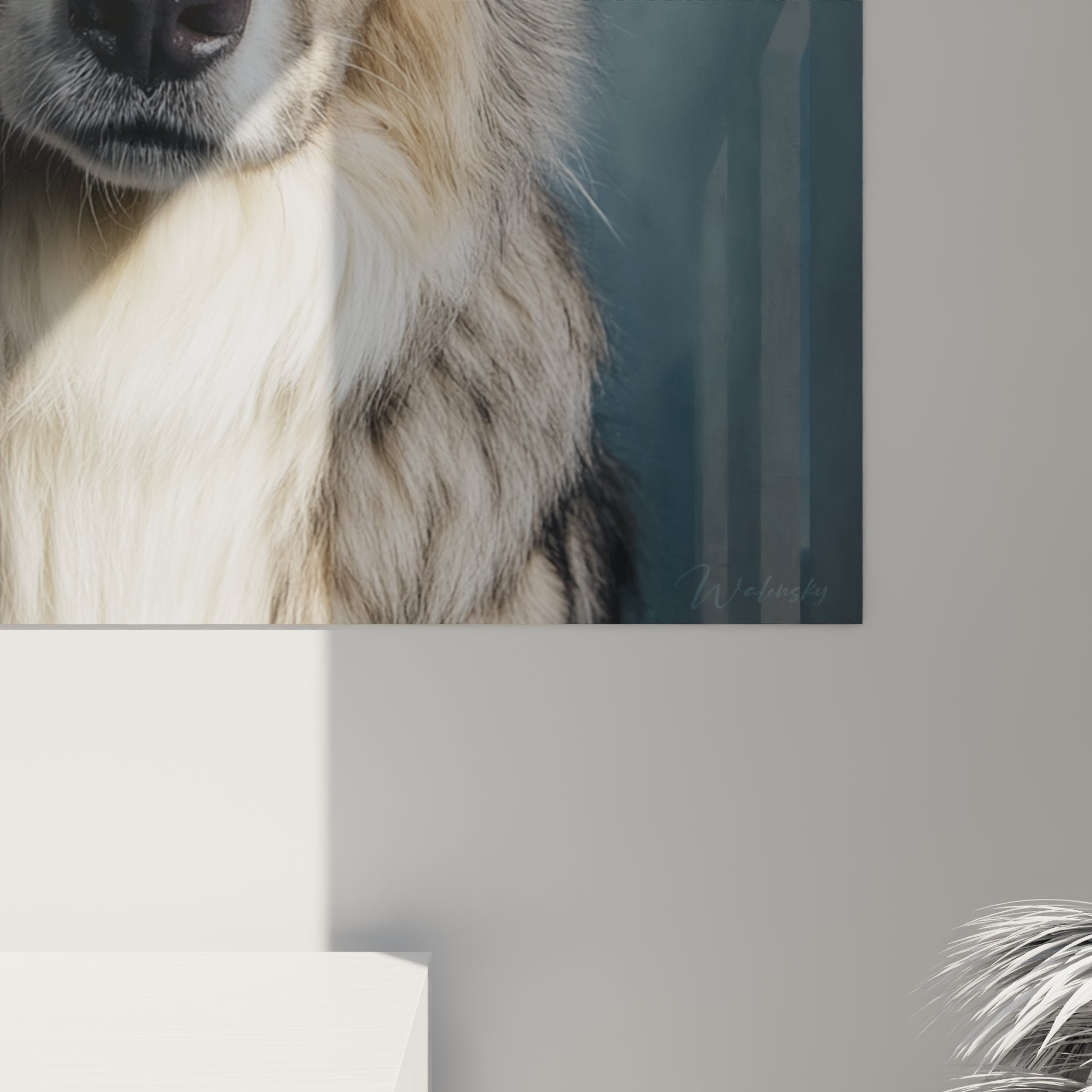 Vue ensemble portrait border collie tricolore decoration interieur moderne authentique