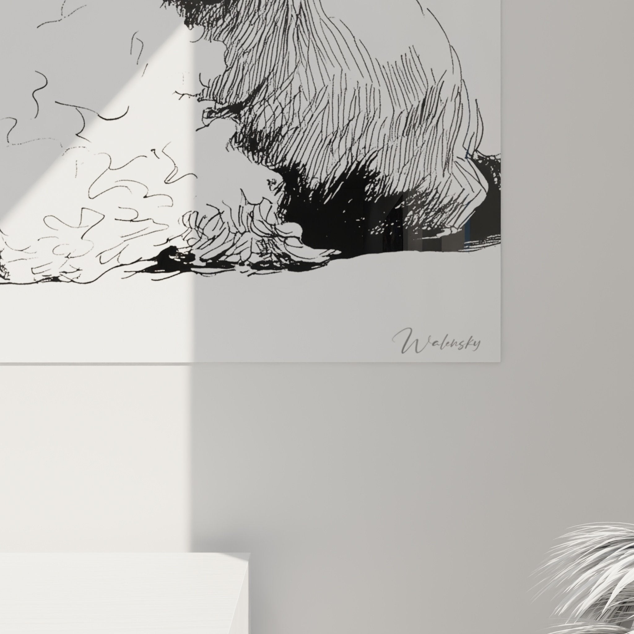 Gesamtansicht Porträt Pudel schwarze Tinte weiße Wand elegante Inneneinrichtung Tierkunst