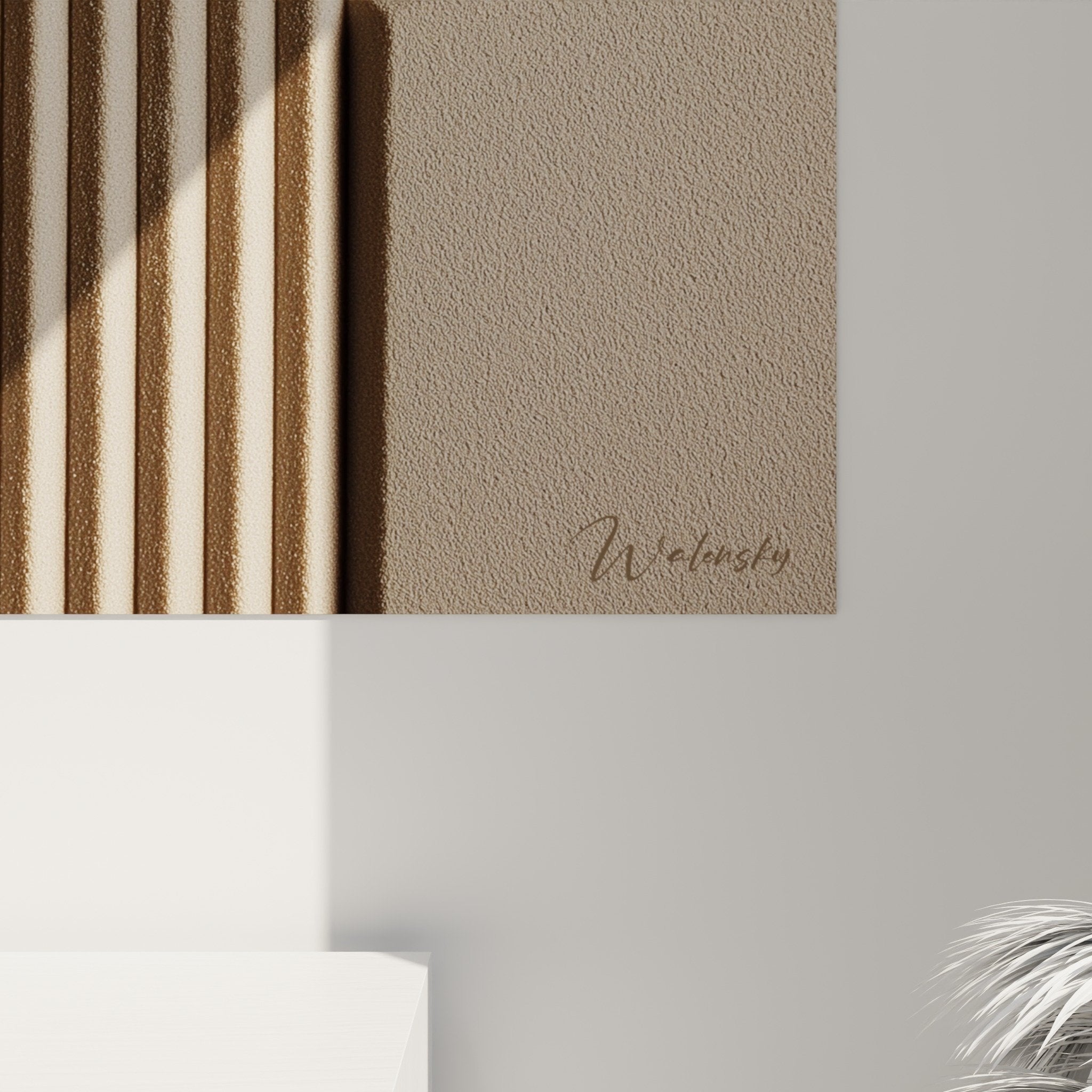 Vue perspective tableau relief geometrique beige lignes verticales cercles sculpture murale moderne