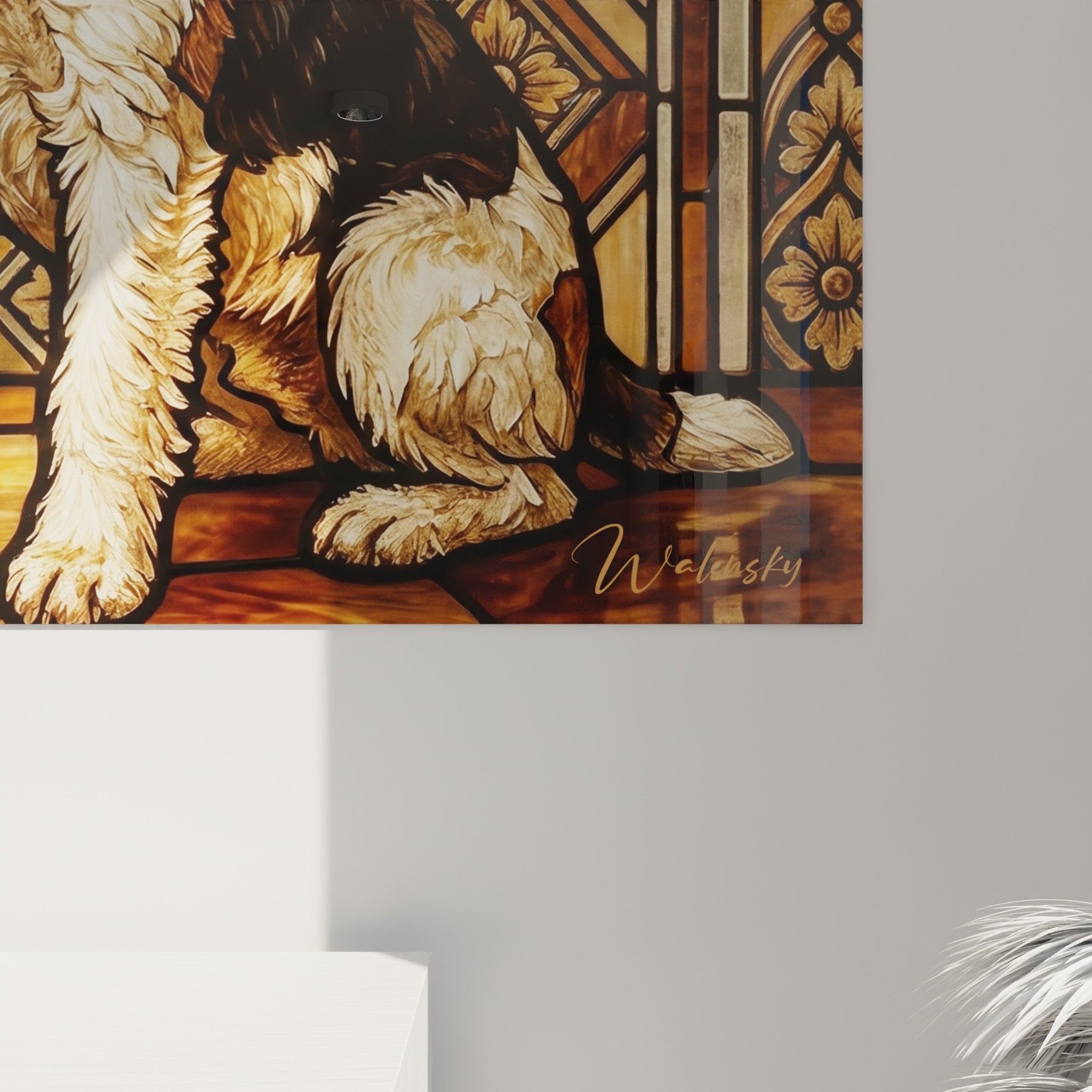 Gesamtansicht Fox Terrier Gemälde Wohnzimmer Wanddekoration warme Töne gemütliche Atmosphäre