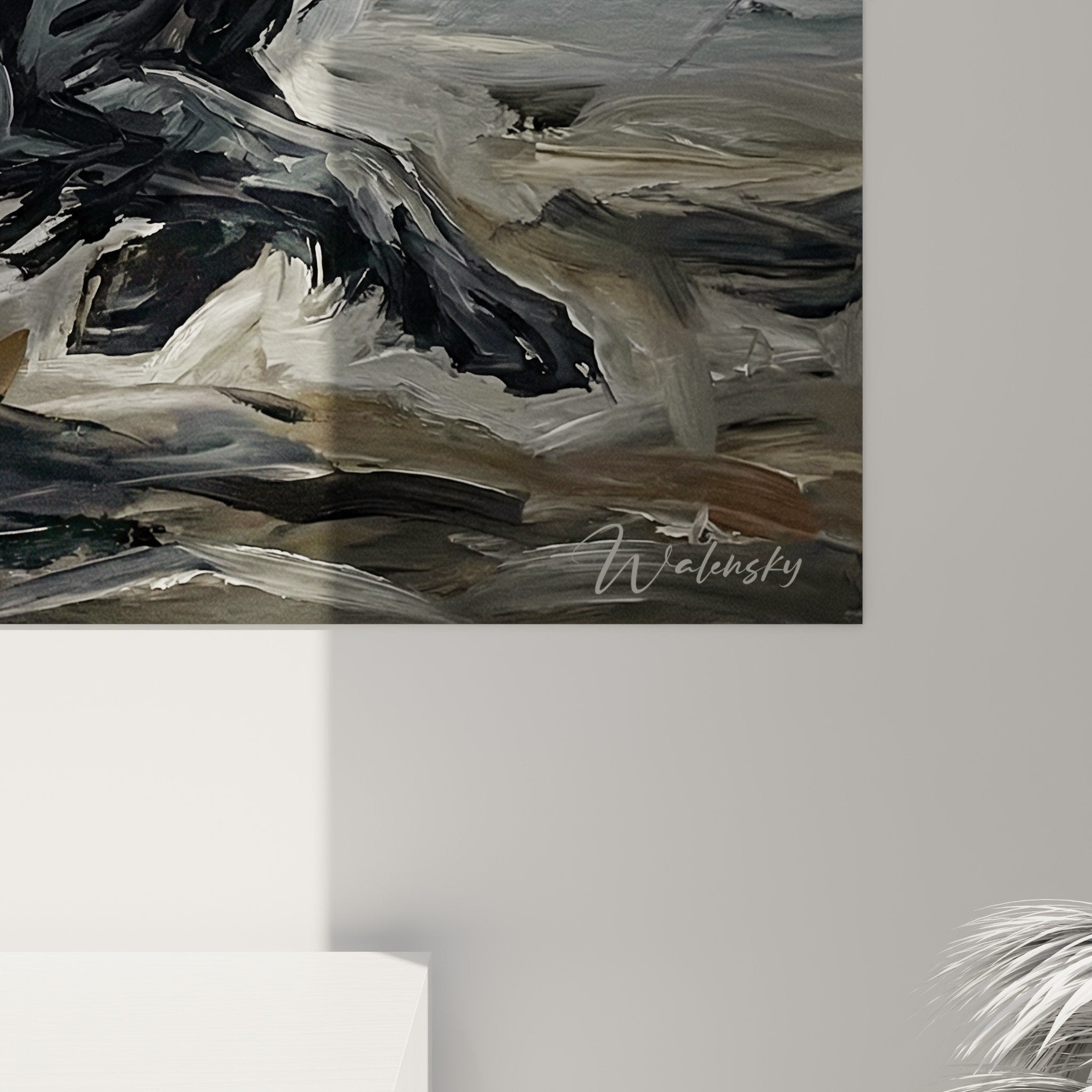 Vue ensemble tableau lion noir expressionniste salon contemporain decoration murale art moderne edition puli