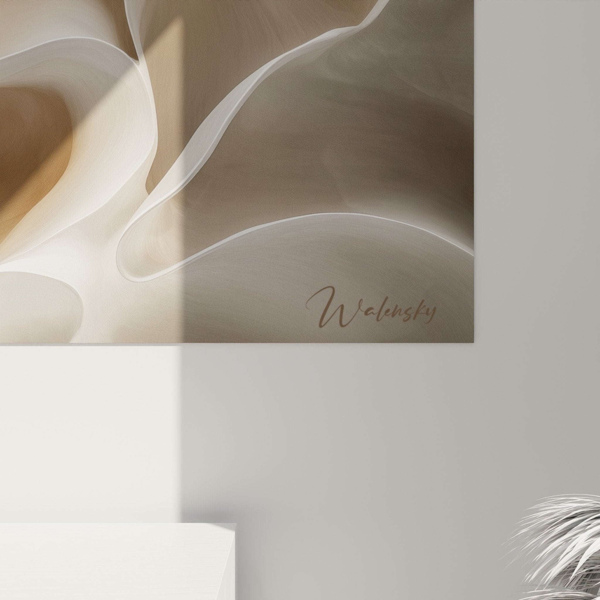 overall view abstract beige wall art modern living room decor minimalist feng shui earth center soft harmonies