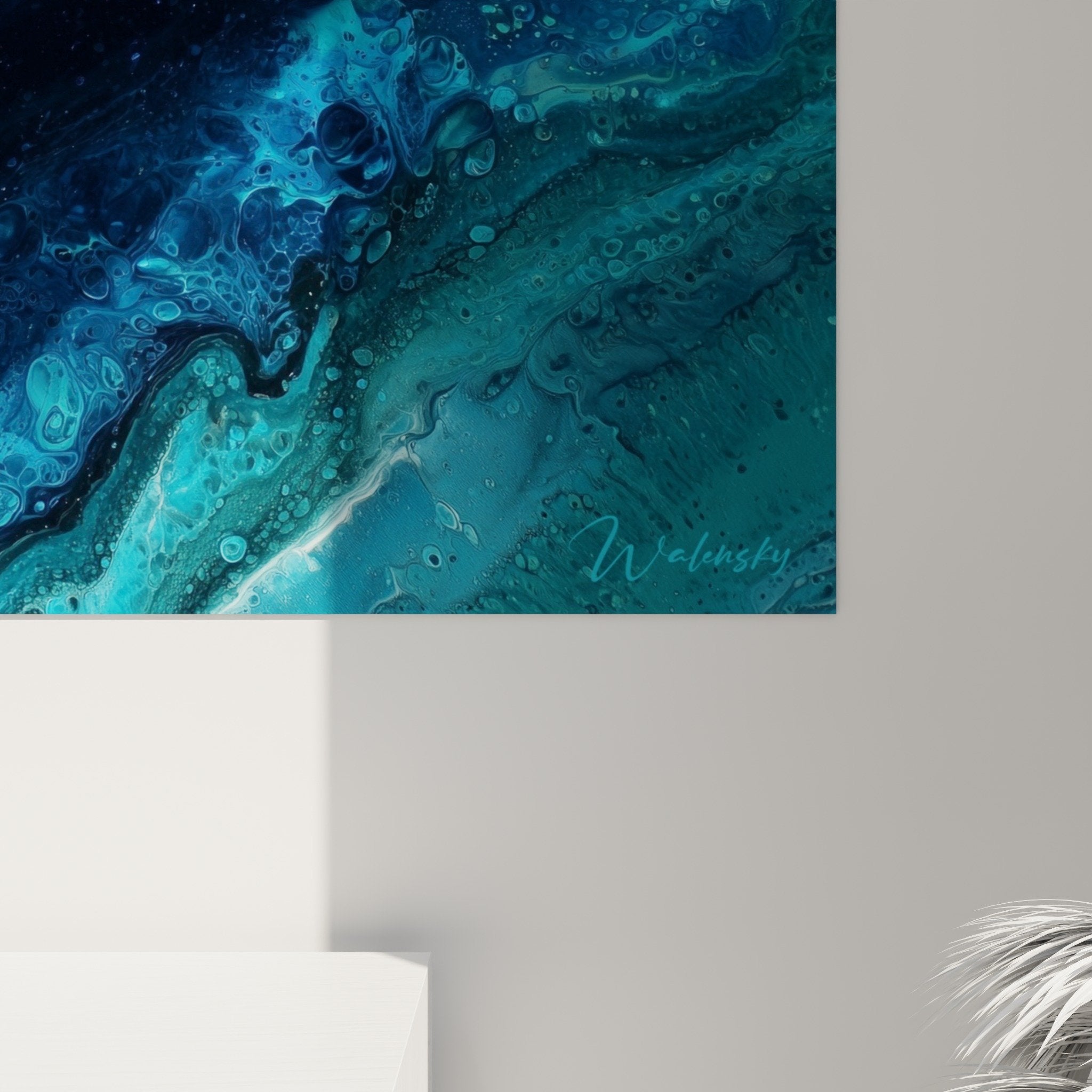 Overall view of abstract blue ocean wall painting in modern living room contemporary decoration