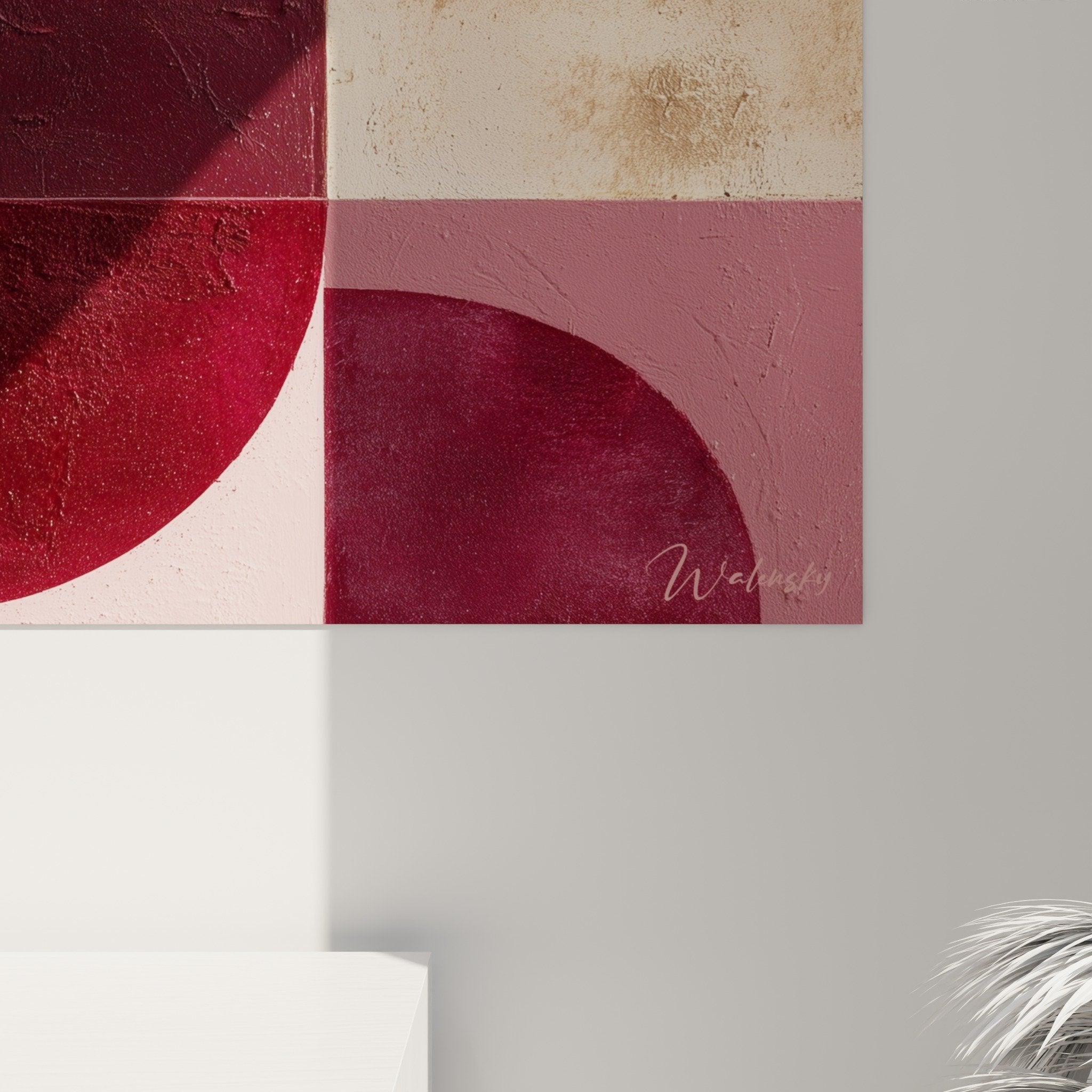 Abstract burgundy beige wall art overview living room feng shui earth decoration