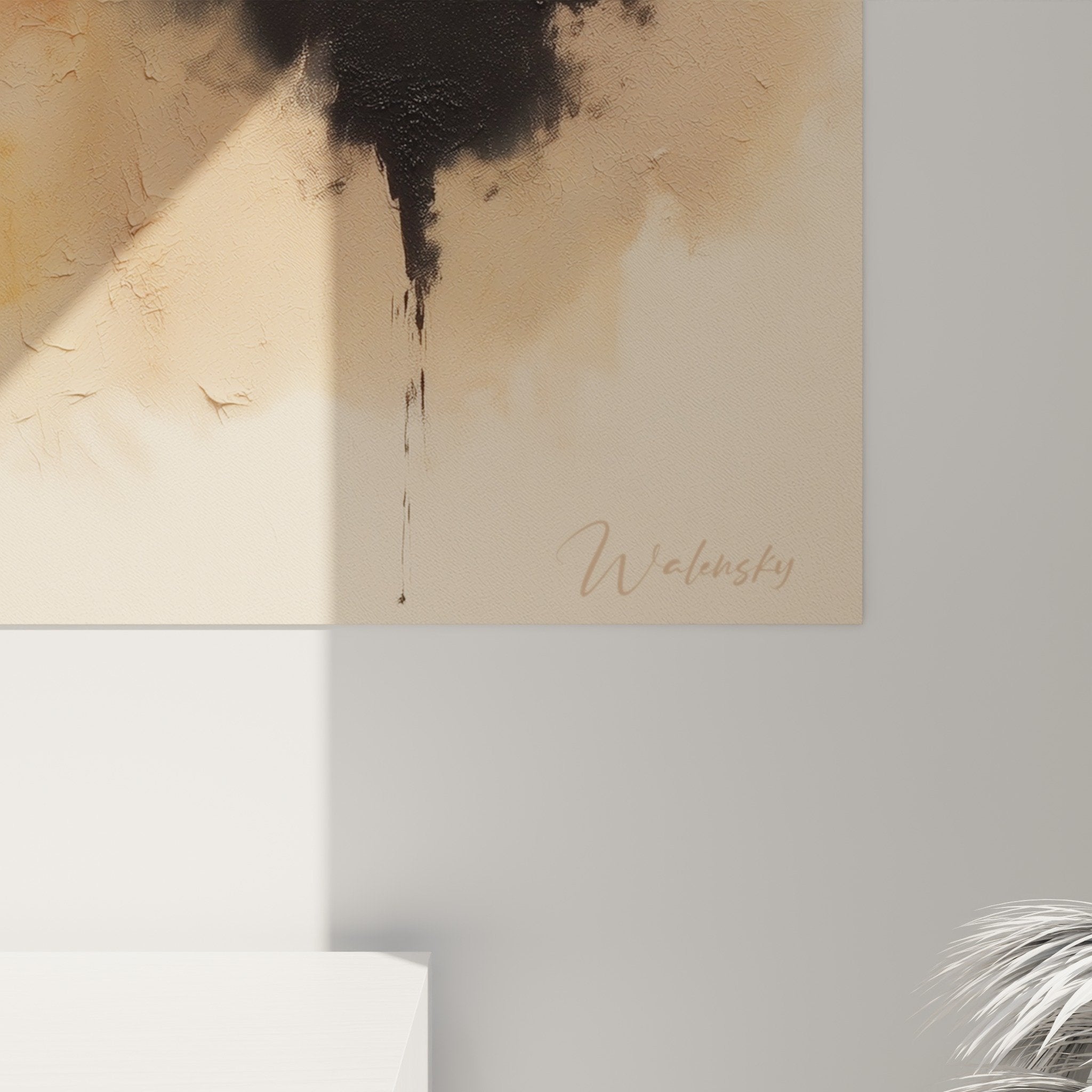 Full view of abstract orange and black wall art in contemporary living room with feng shui earth center decoration