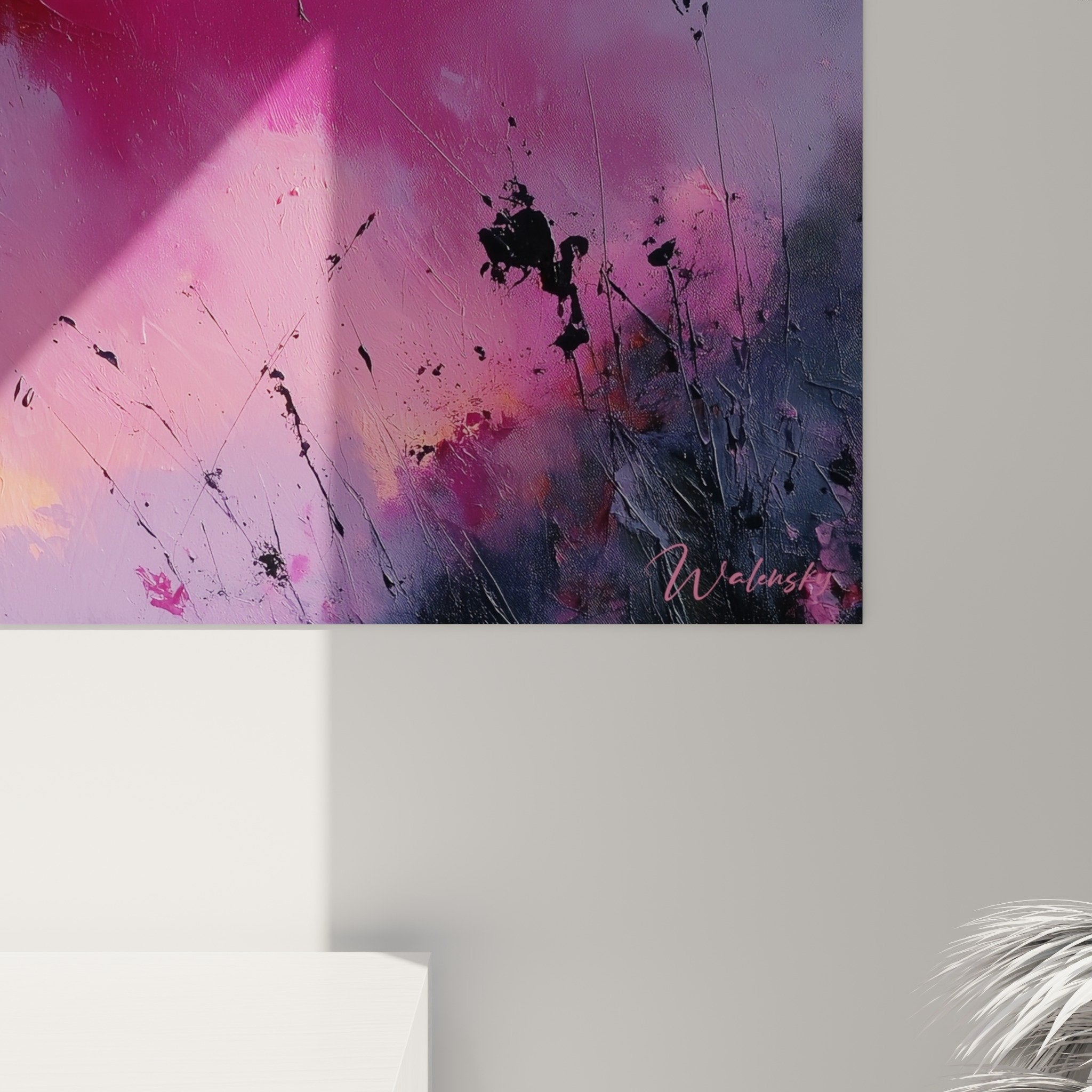 Vue ensemble tableau abstrait roses oranges violets feng shui sud-ouest terre salon moderne