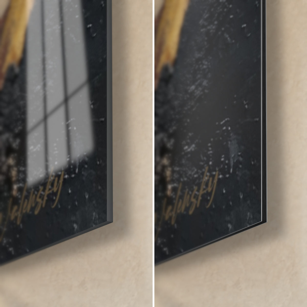 Gemälde schwarze und ocker Materialkruste, untere rechte Ecke, glänzendes Glas links, mattes Dibond rechts