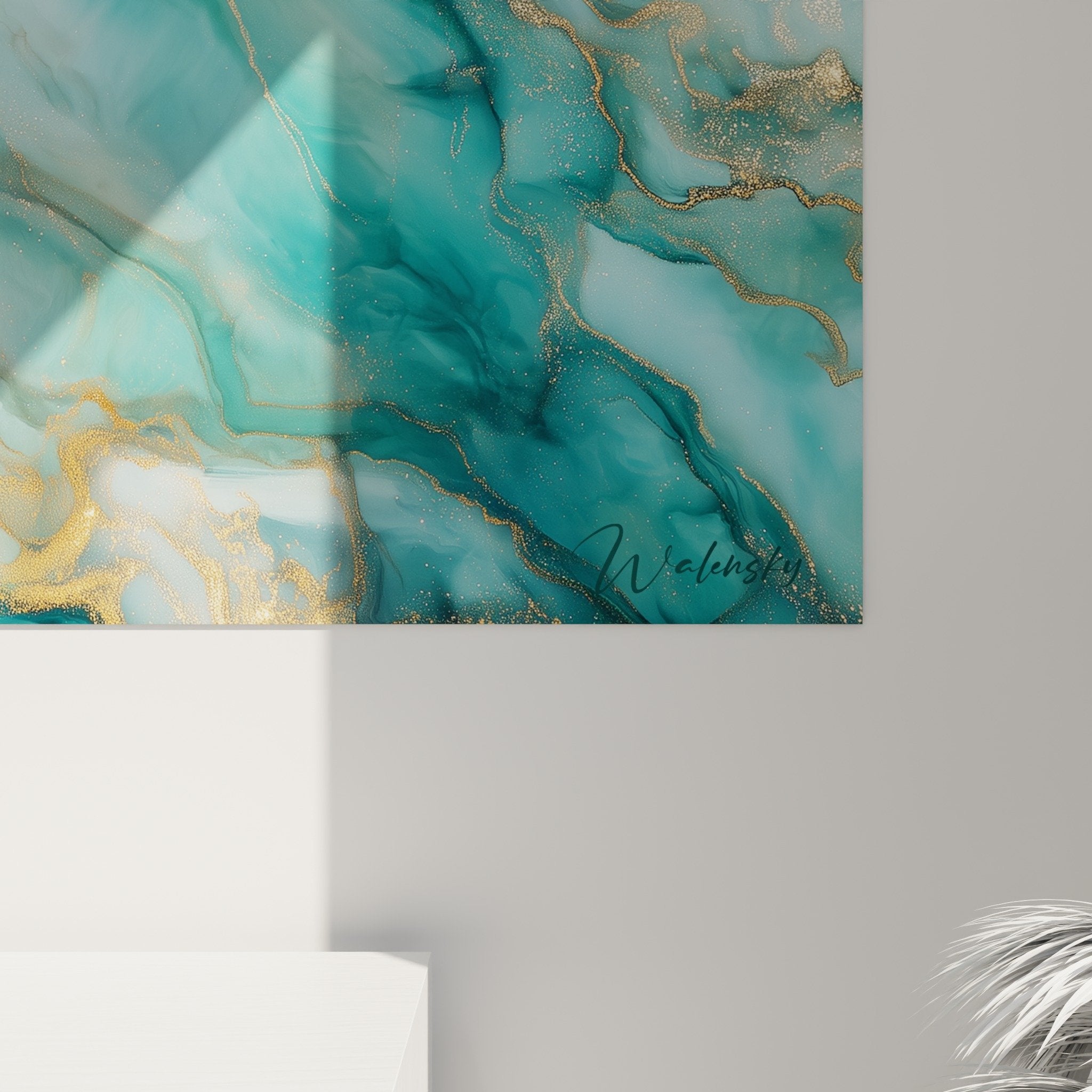 vue ensemble tableau abstrait marbre bleu turquoise or salon moderne style contemporain