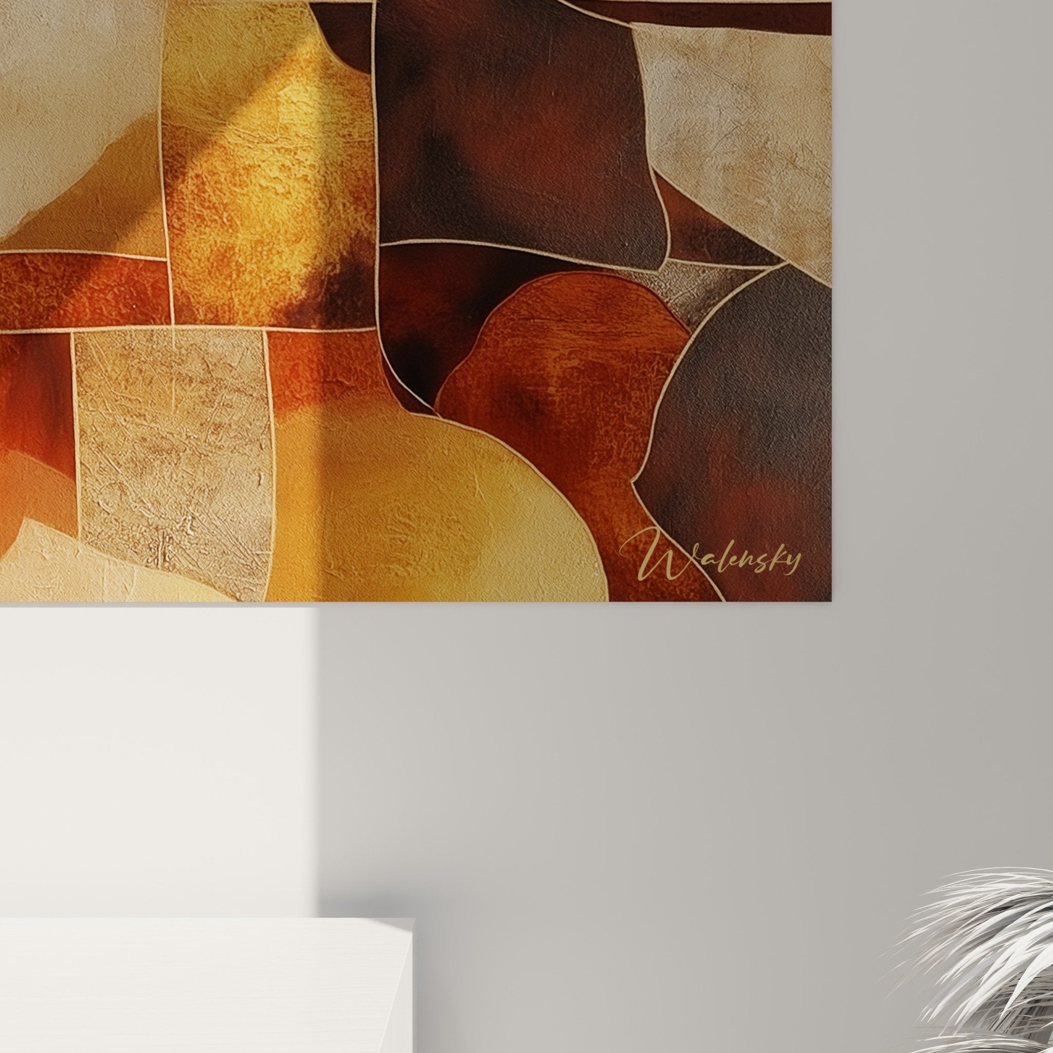 vue ensemble tableau africain abstrait salon formes geometriques palette chromatique terre