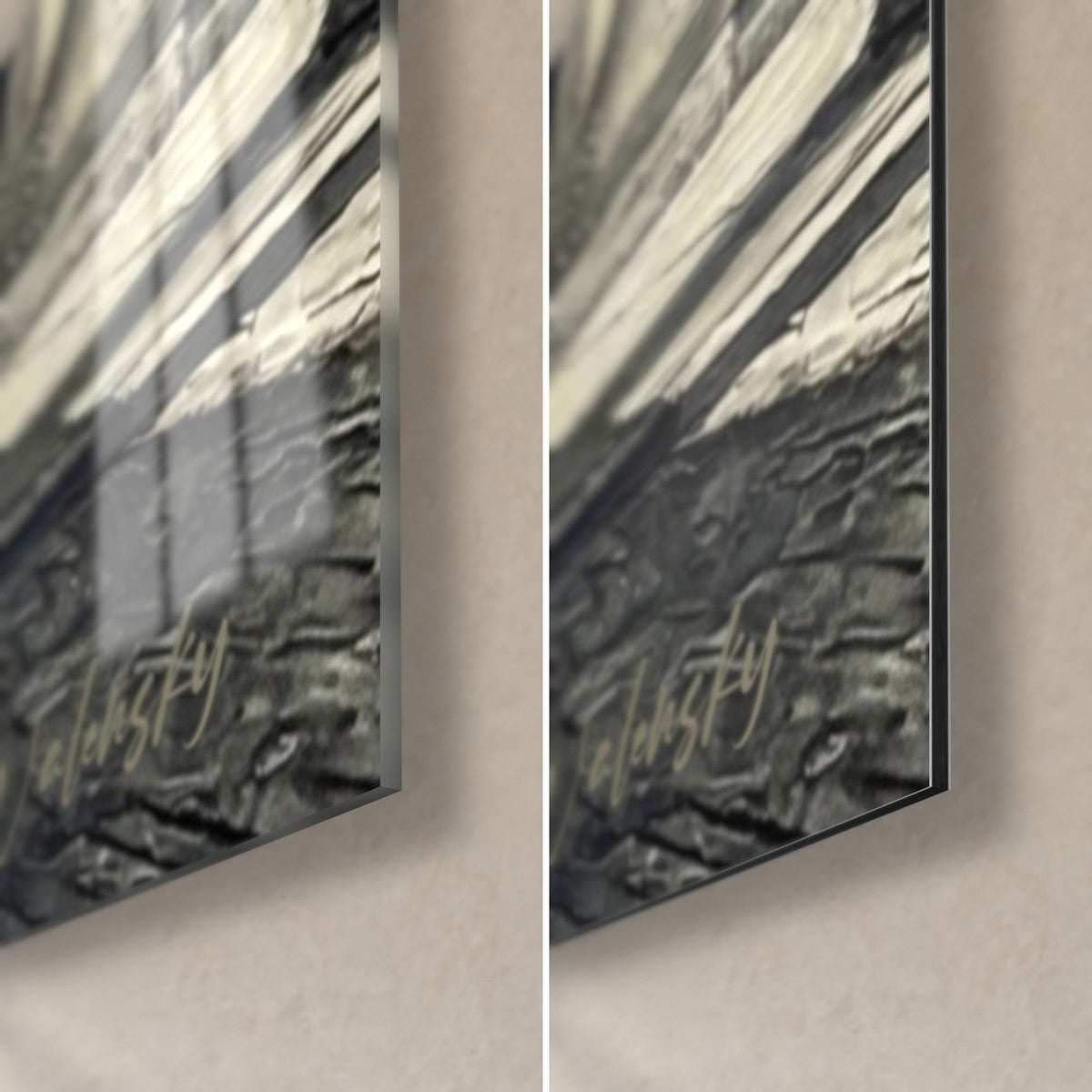 Tableau voie ferrée surélevée du Bronx, coin bas droit : verre acrylique brillant à gauche, alu Dibond mat à droite, gris et ivoire