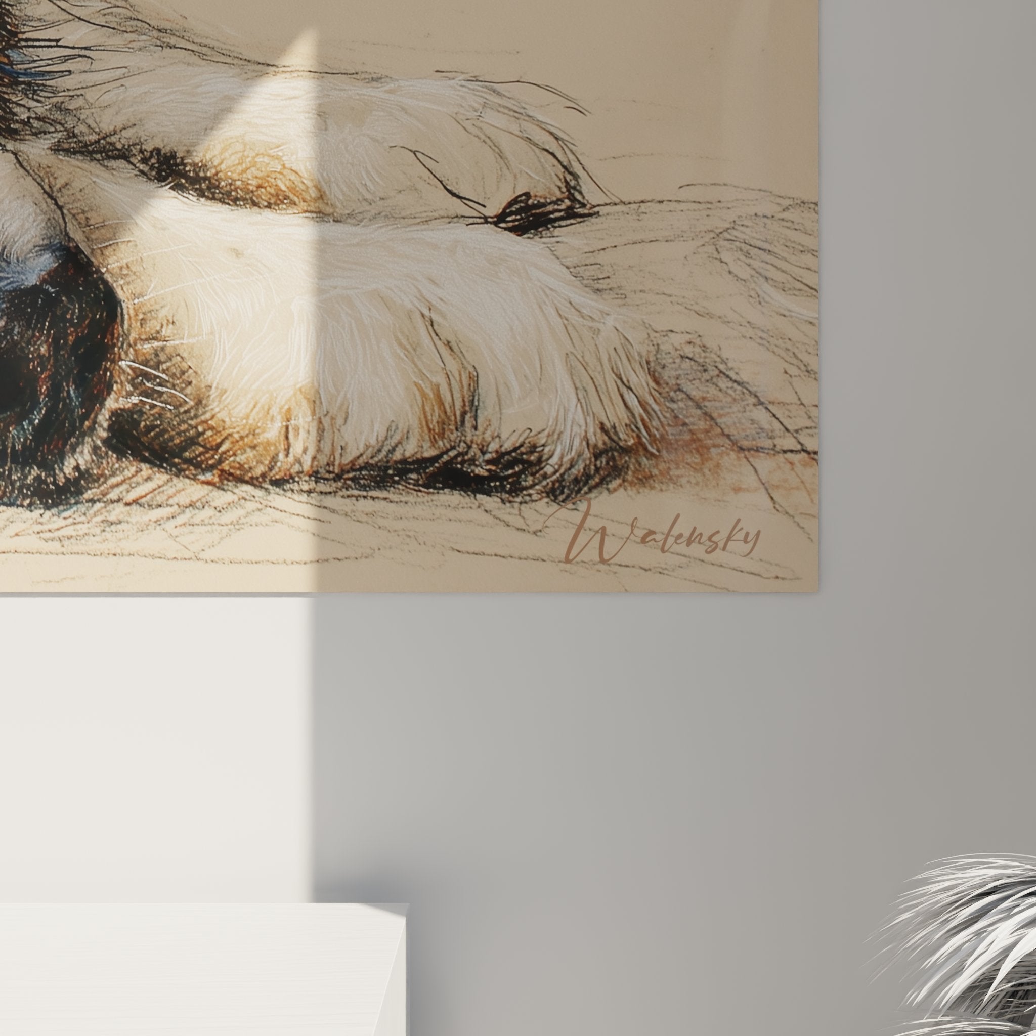 Vue ensemble tableau berger australien salon decoration murale chien yeux bleus
