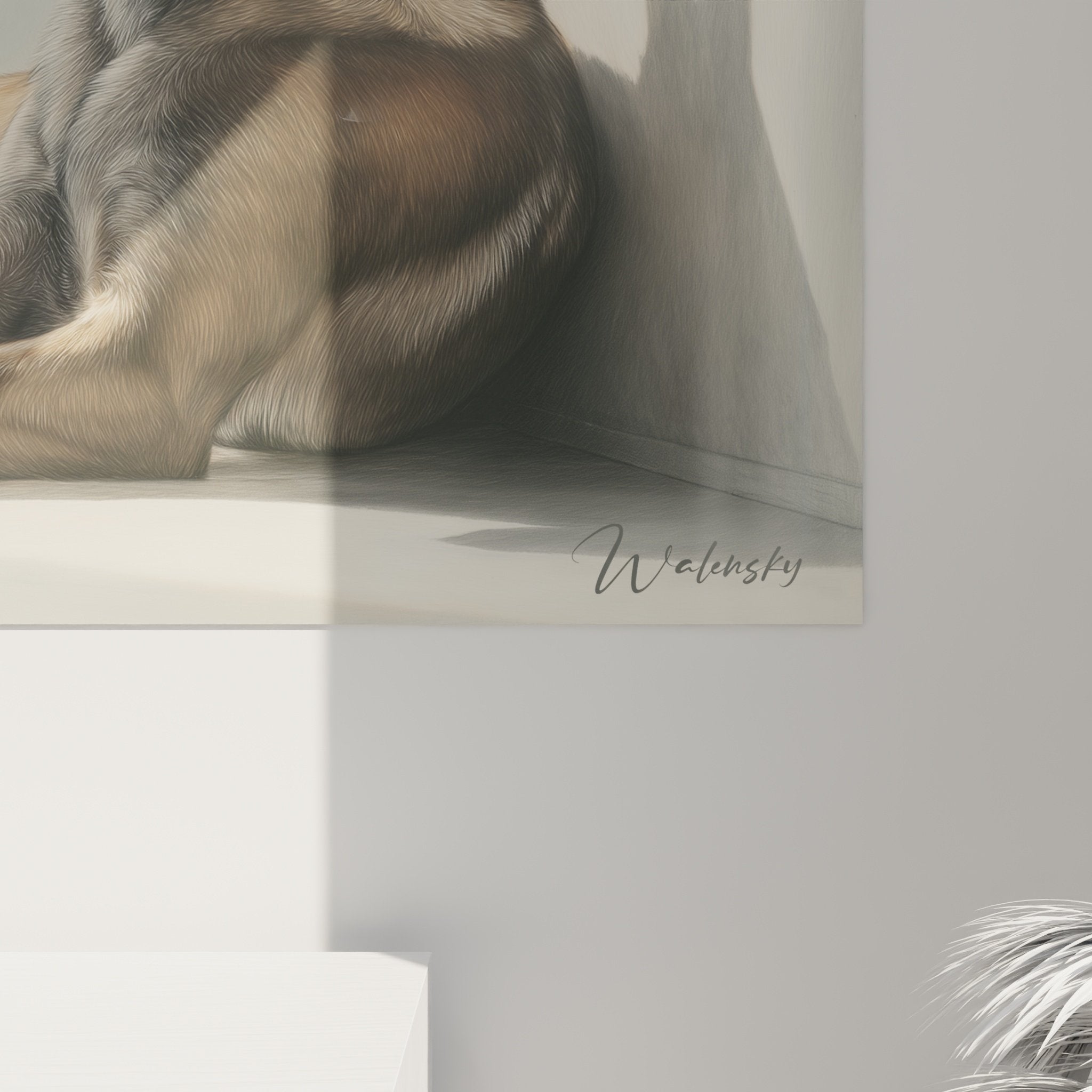 Panoramica quadro murale Pastore Belga Malinois in soggiorno moderno, arredamento scandinavo minimalista
