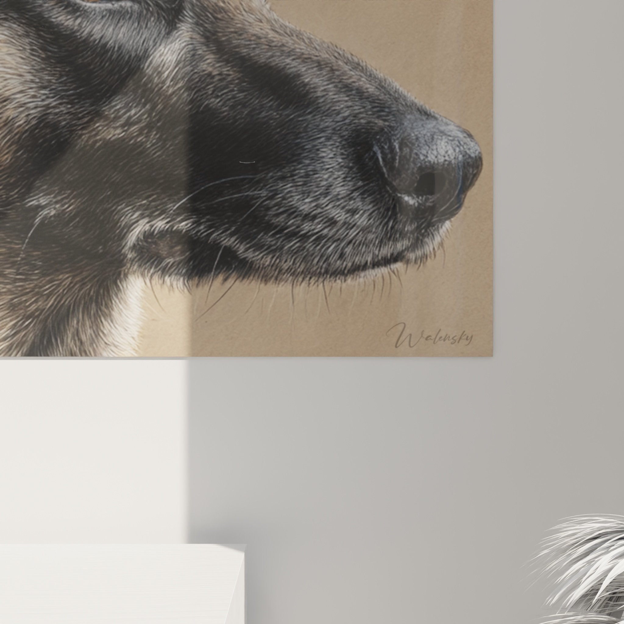 Gesamtansicht Porträtbild Belgischer Schäferhund Malinois im Wohnzimmer, zeitgenössische Tier-Kunstdekoration