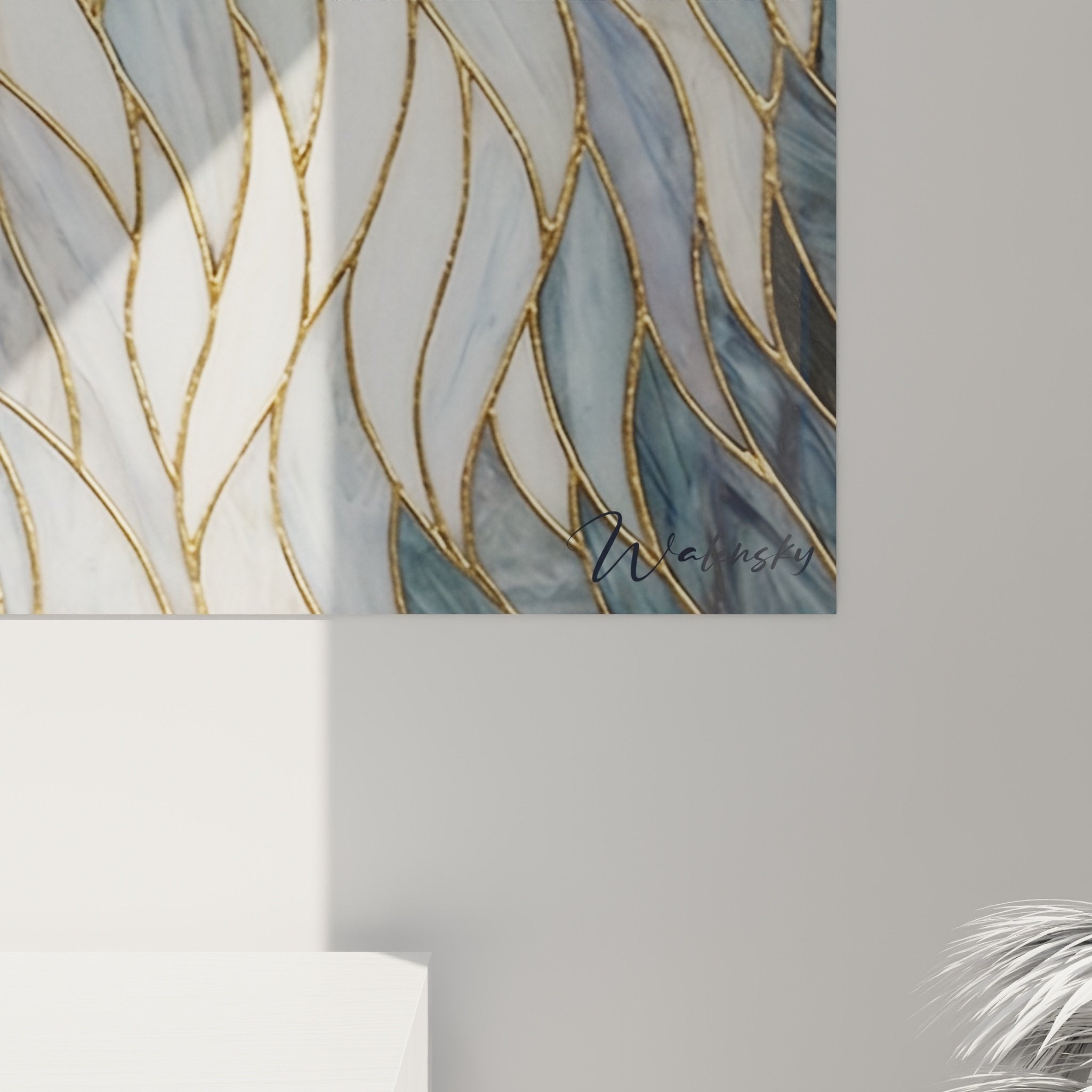 Vue d'ensemble tableau mural Berger des Shetland style géométrique doré dans salon