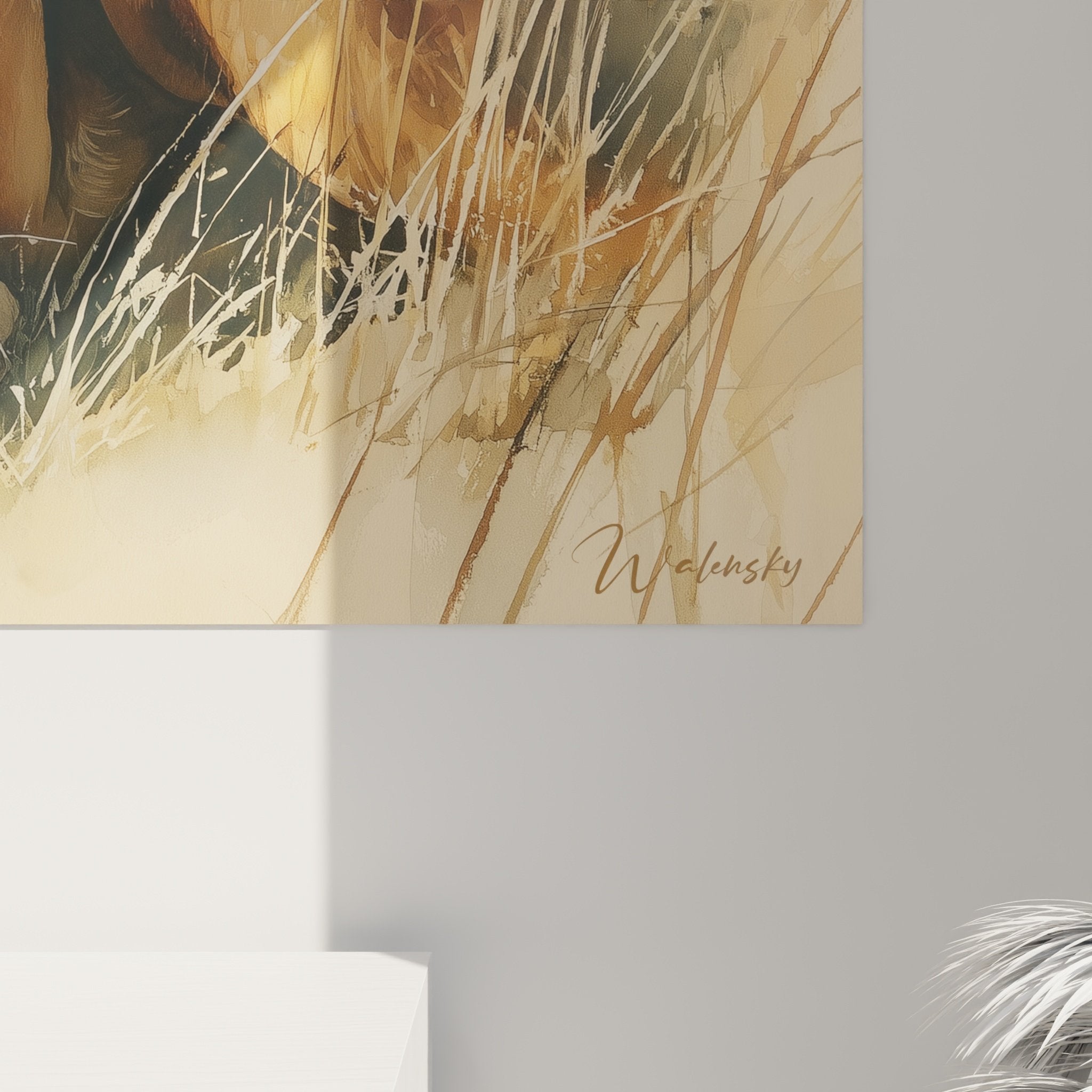 Vue ensemble tableau Bloodhound dans salon cosy, harmonie couleurs naturelles, ambiance apaisante