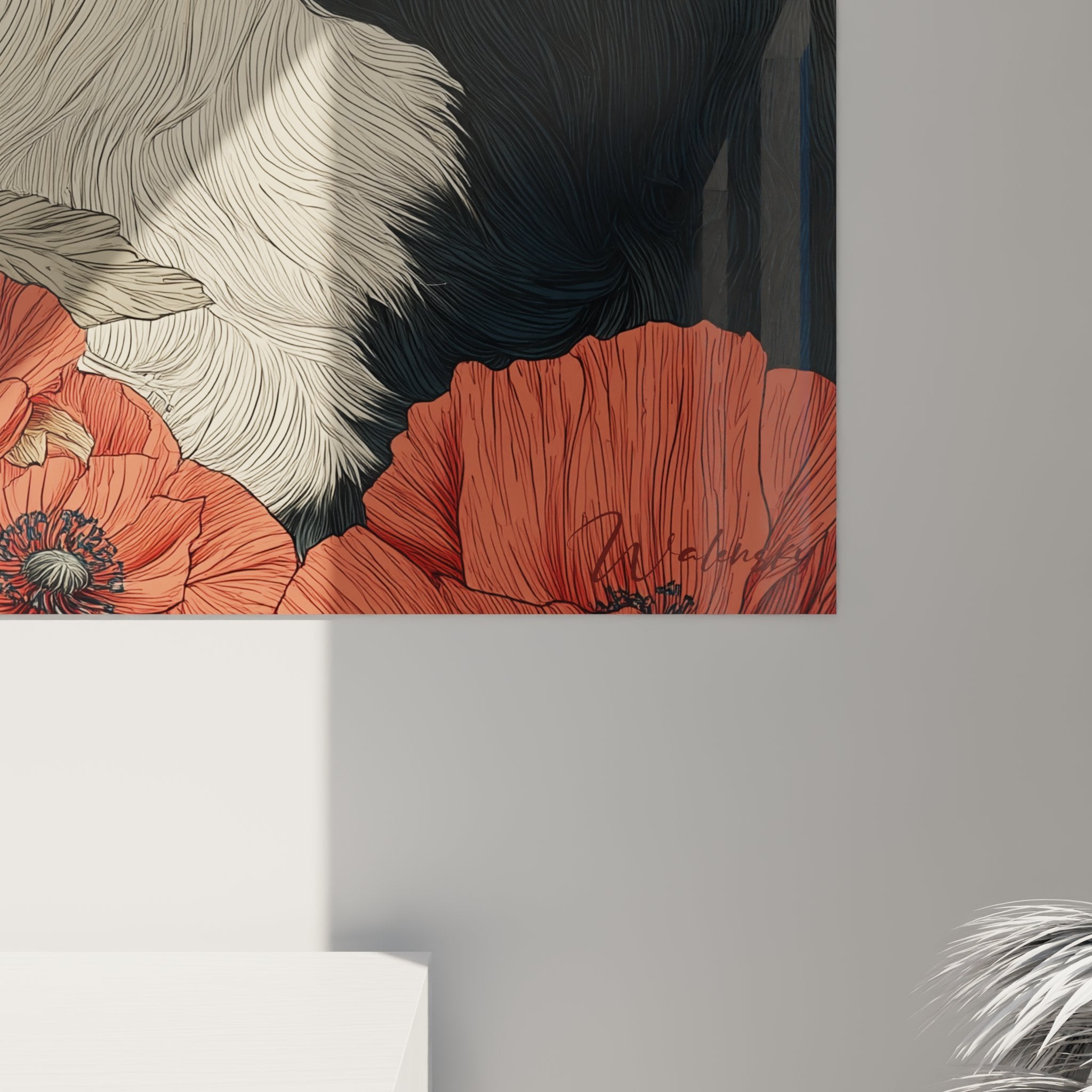 Gesamtansicht Gemälde Border Collie Wohnzimmer Wanddekoration stilisierte Wellen rote Blumen japanische Kunst