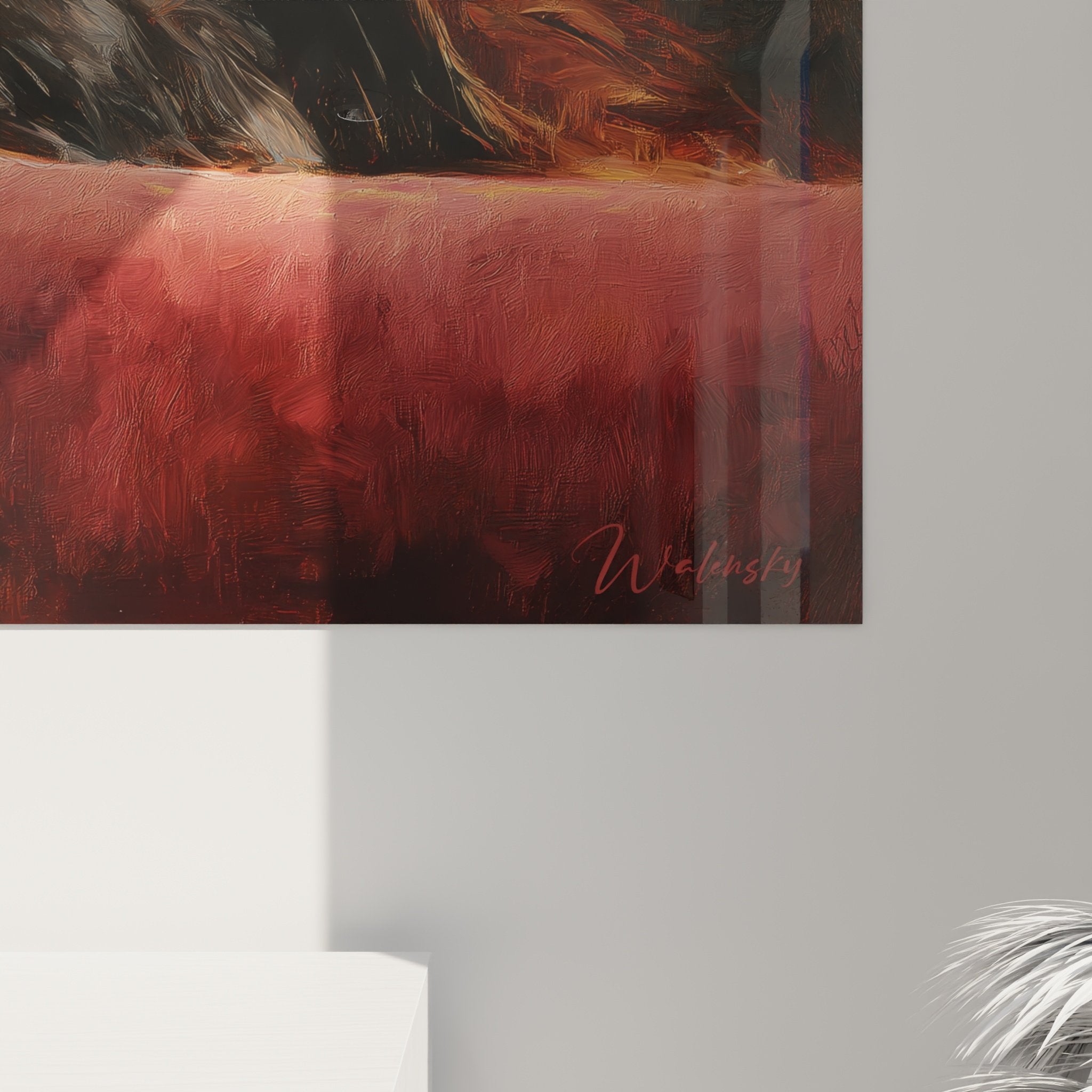 Bernese Mountain Dog artwork living room view, burgundy ochre wall art integration intimate atmosphere