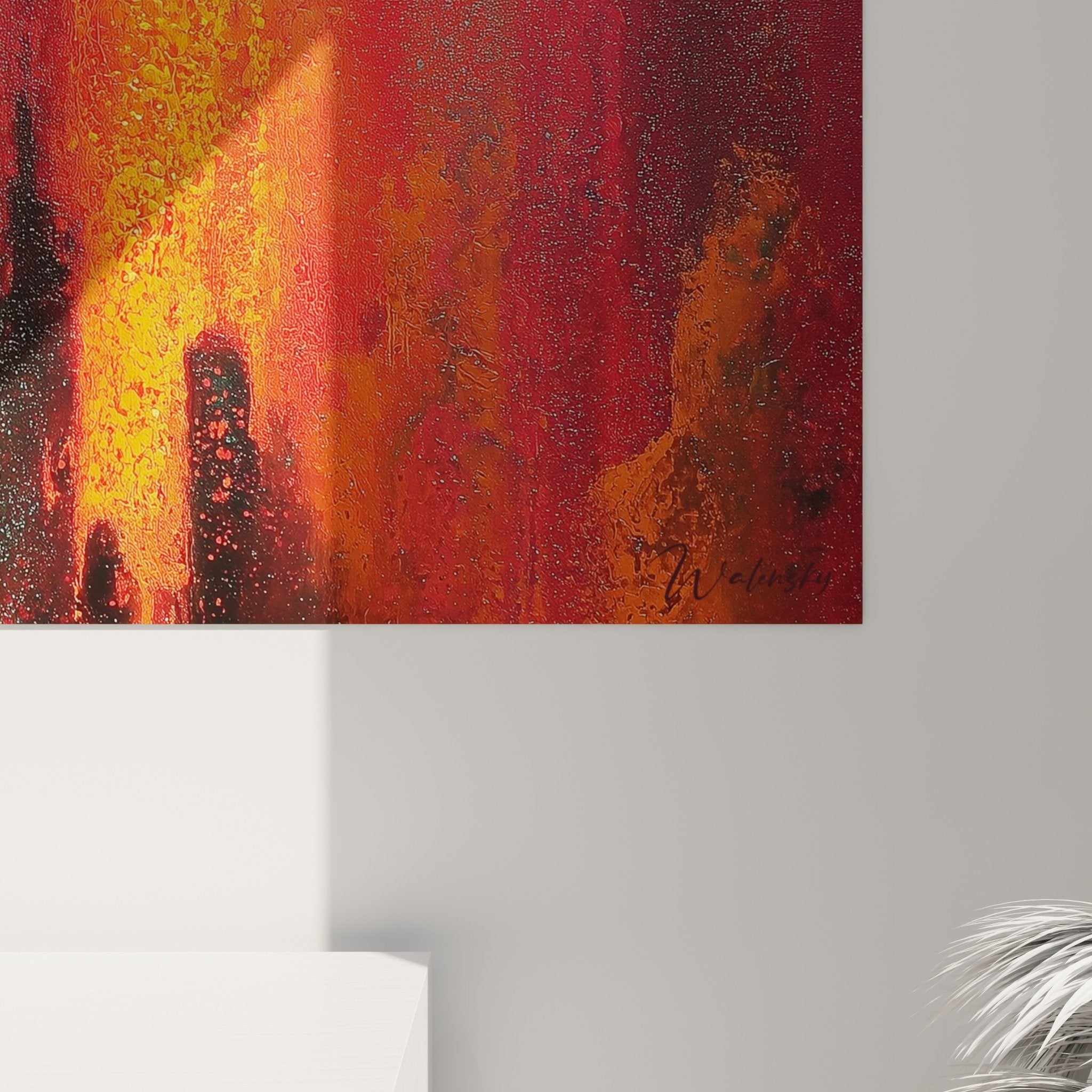 Vue ensemble tableau brasier urbain flammes colorees salon moderne decoration feng shui sud feu