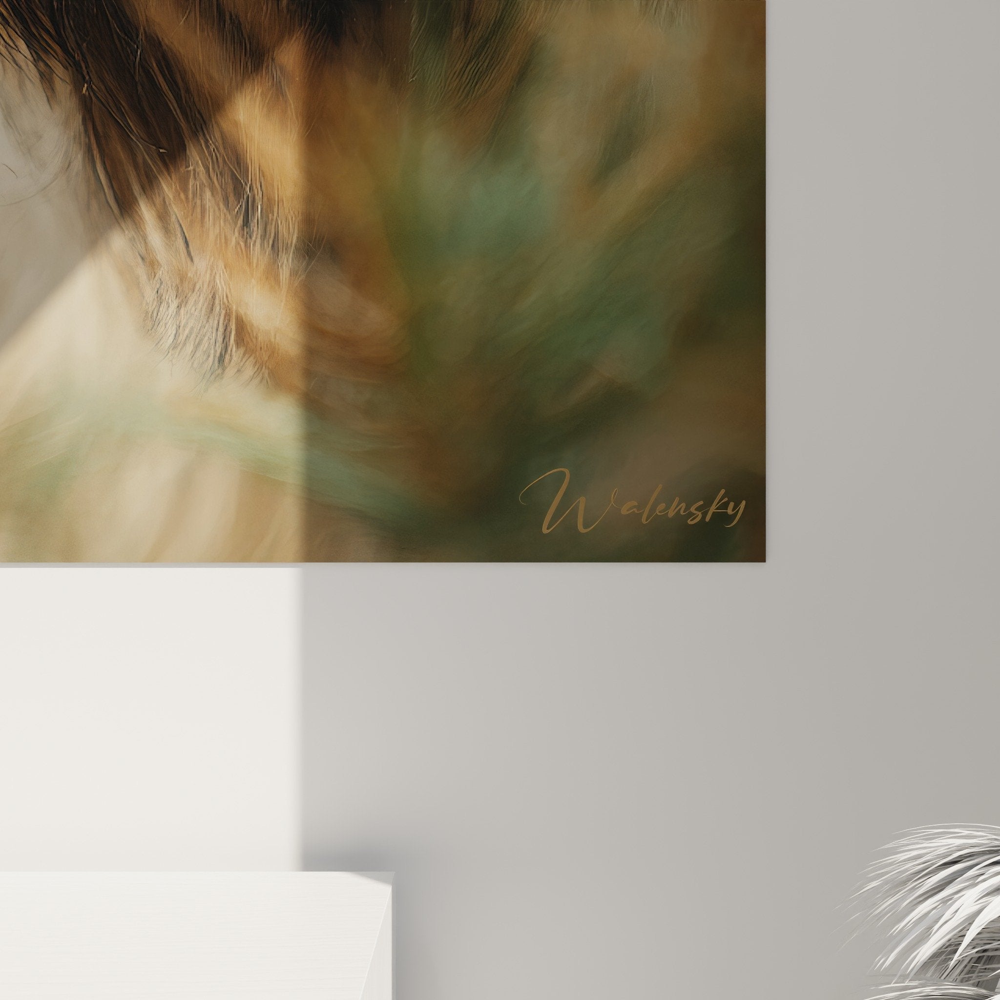 Overview of the golden Briard portrait artwork in contemporary living room with natural wood furniture