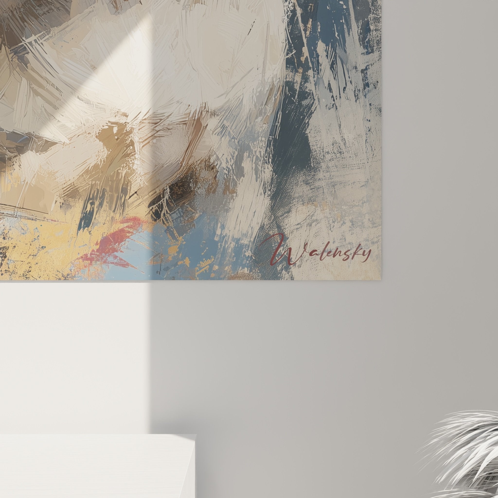 Vue ensemble tableau bull terrier blanc mur salon decoration interieure art canin contemporain