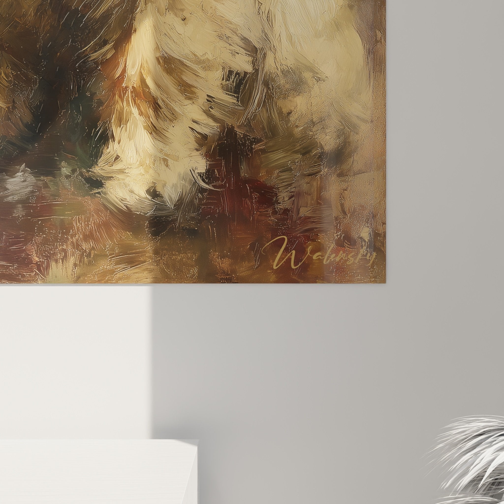 Vue ensemble portrait Cairn Terrier salon decoration murale tons beiges harmonie couleurs chaudes
