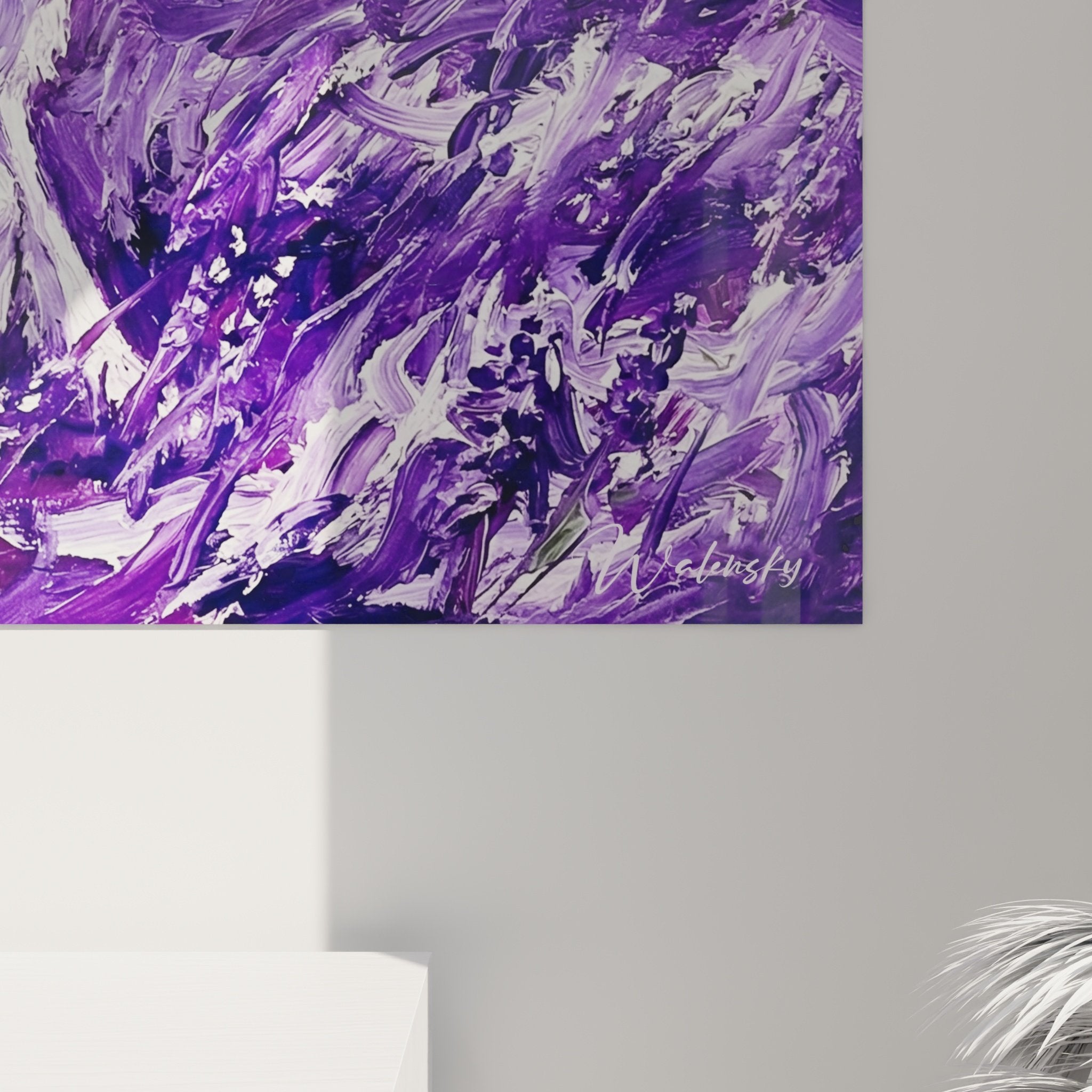 Gesamtansicht Gemälde Hund Berg Pyrenäen Wohnzimmer Wanddeko Violett Weiß