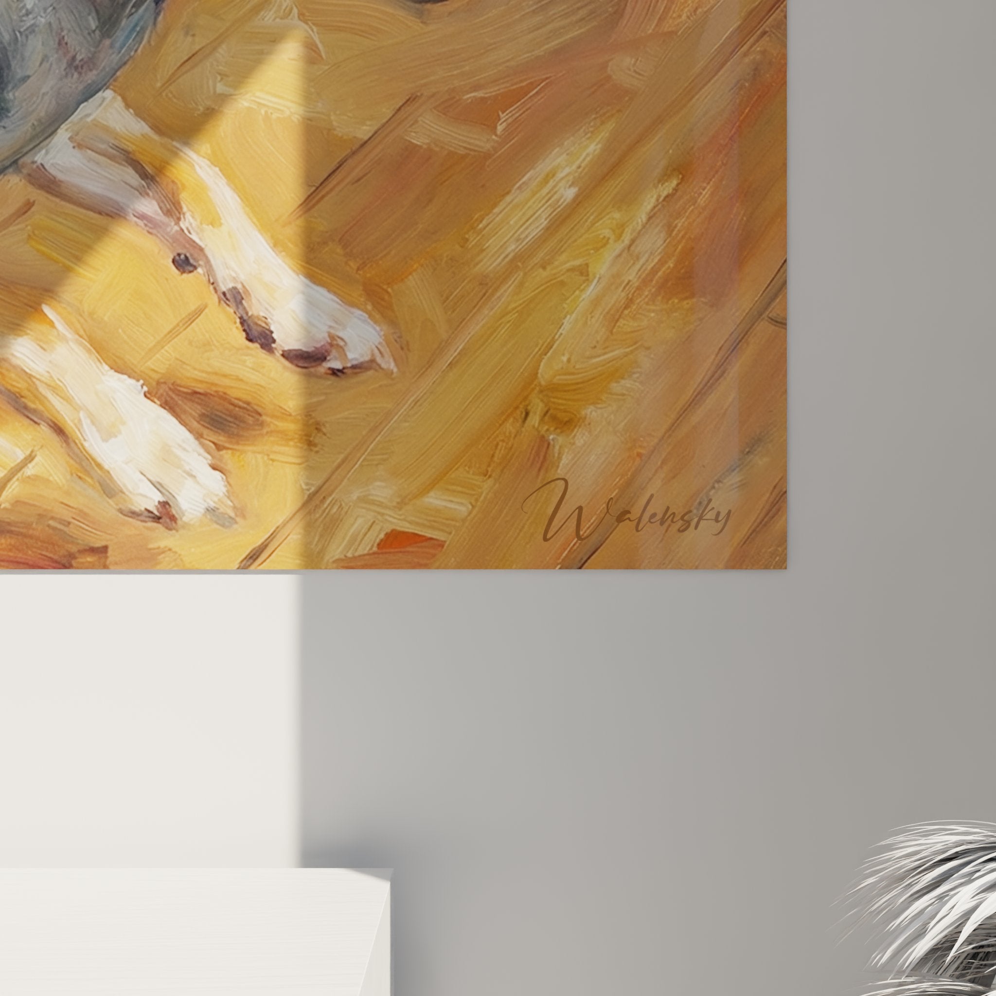 Vue ensemble tableau chihuahua beige salon decoration murale art animalier tons chauds ocre