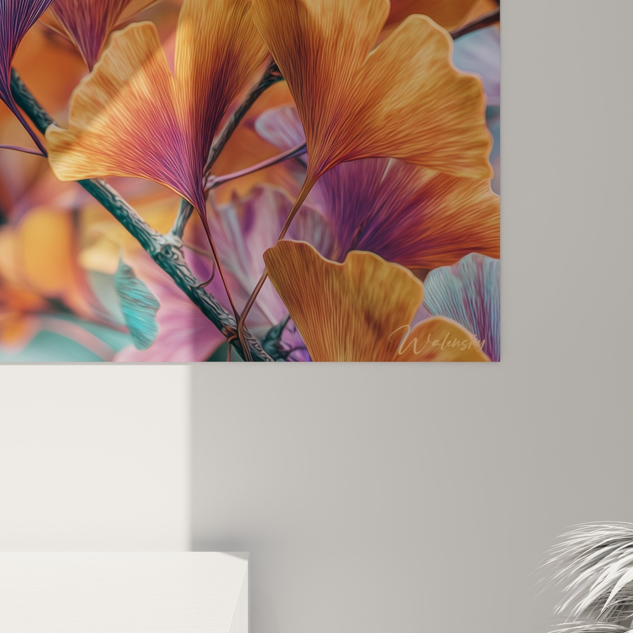 Vue ensemble tableau ginkgo salon decoration murale nature moderne