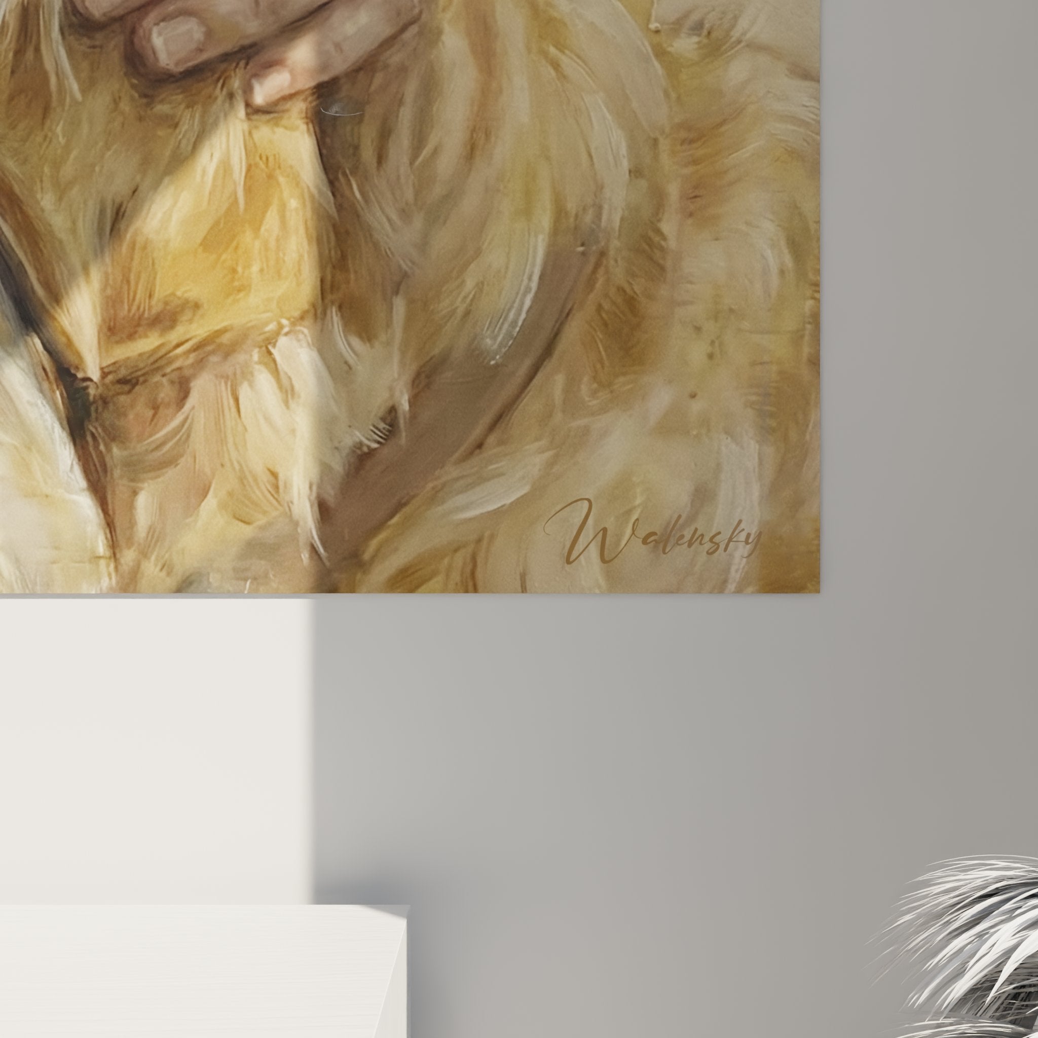 Gesamtansicht Golden Retriever Gemälde Wohnzimmer Wanddekoration neutrale Beige-Töne sanfte Farbharmonie