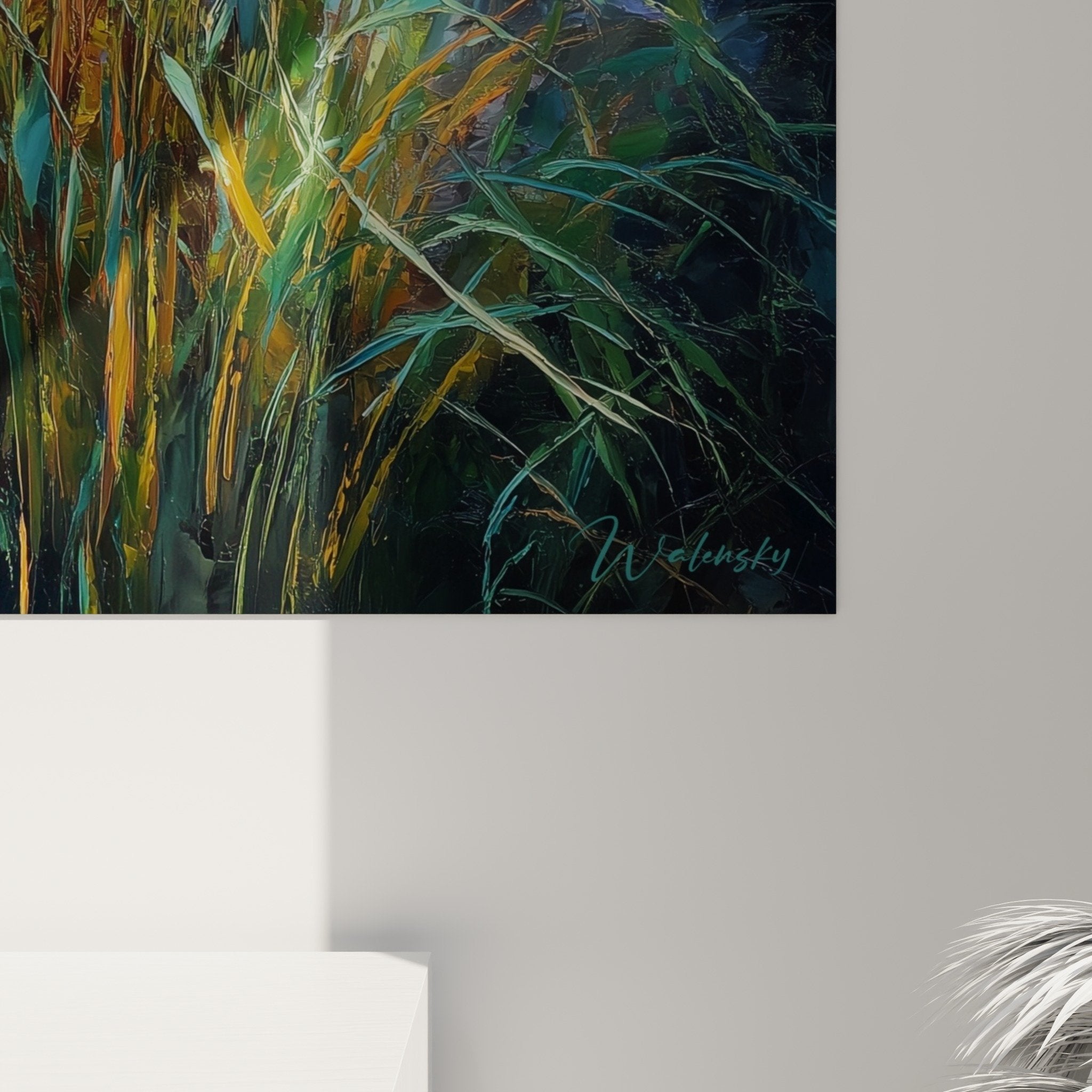 Full view of grass artwork in modern living room, nature decorative art in golden and turquoise tones