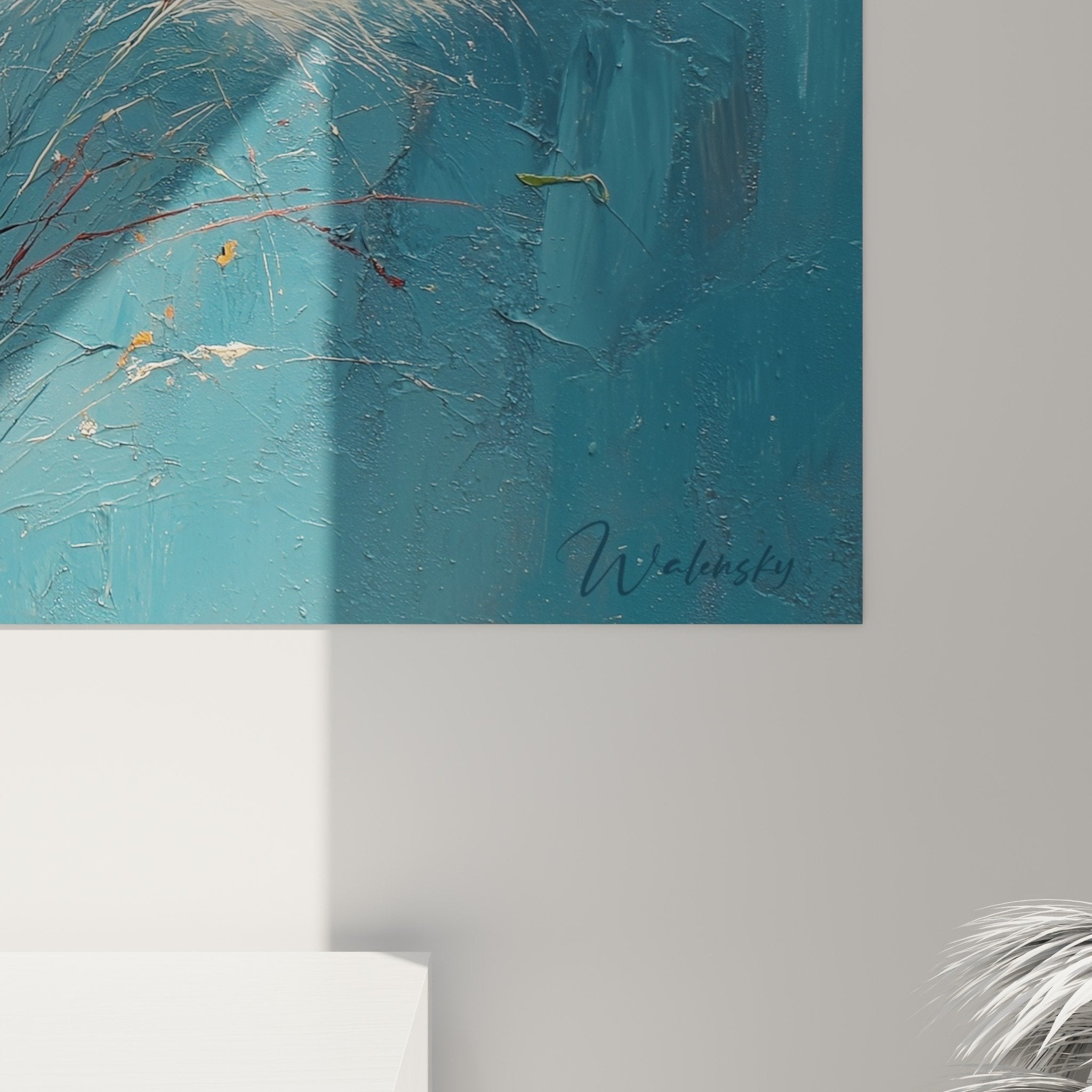 Overall view pampas grass white artwork modern living room nature wall decor contemporary interior