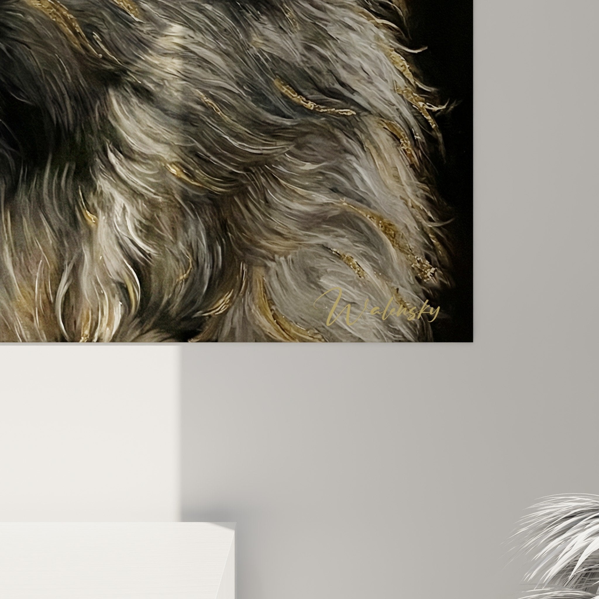 Vue ensemble tableau Keeshonds salon decoration murale tons chauds