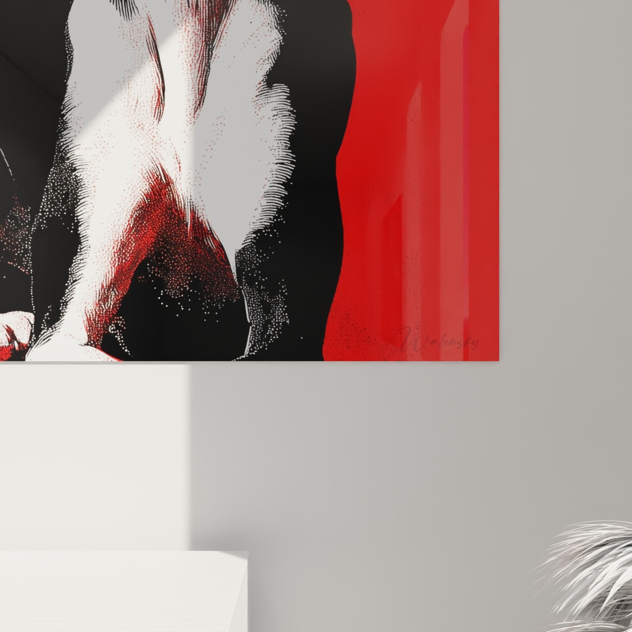 Vue ensemble tableau levrier whippet salon moderne decoration murale rouge noir composition geometrique