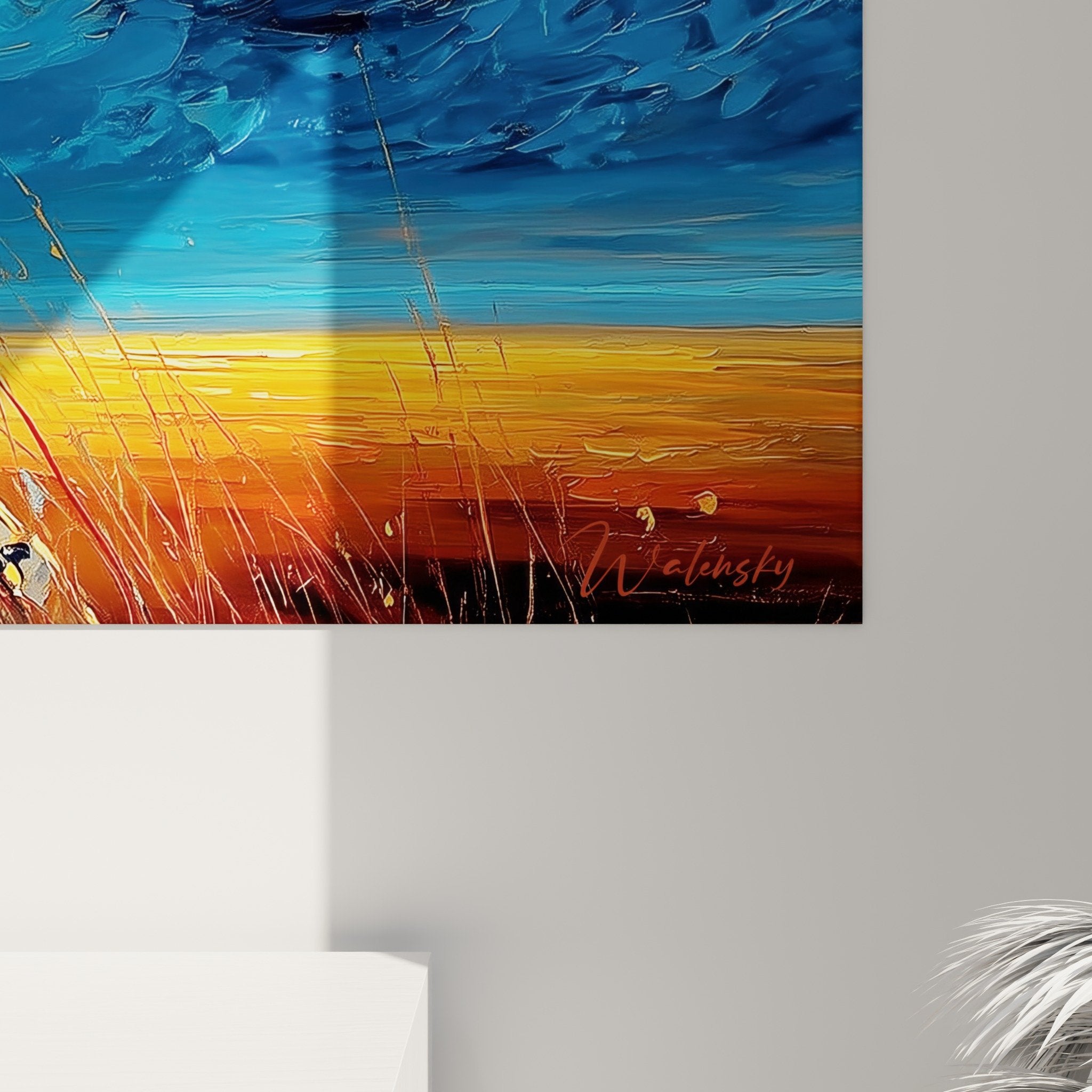 Vue ensemble tableau lion decoratif mur salon style contemporain couleurs vives