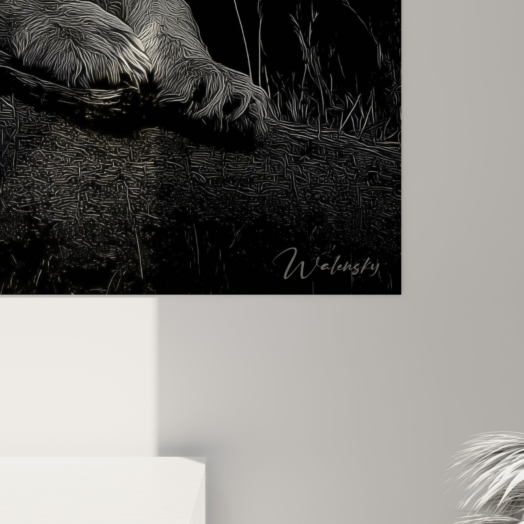 Vue ensemble tableau lion noir blanc salon moderne decoration murale portrait noble animal