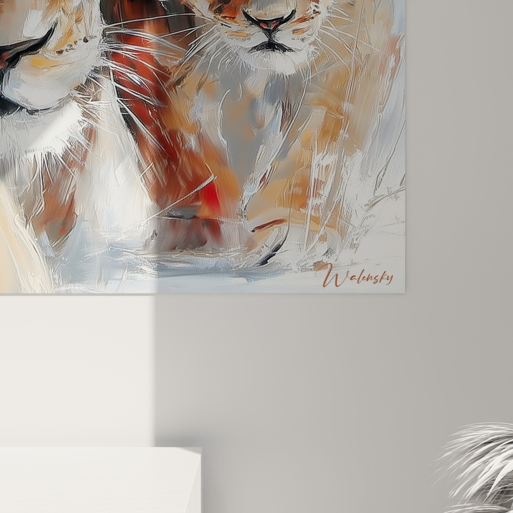 Vue ensemble tableau lion lionceau salon decoration murale art contemporain tons ocre rouge