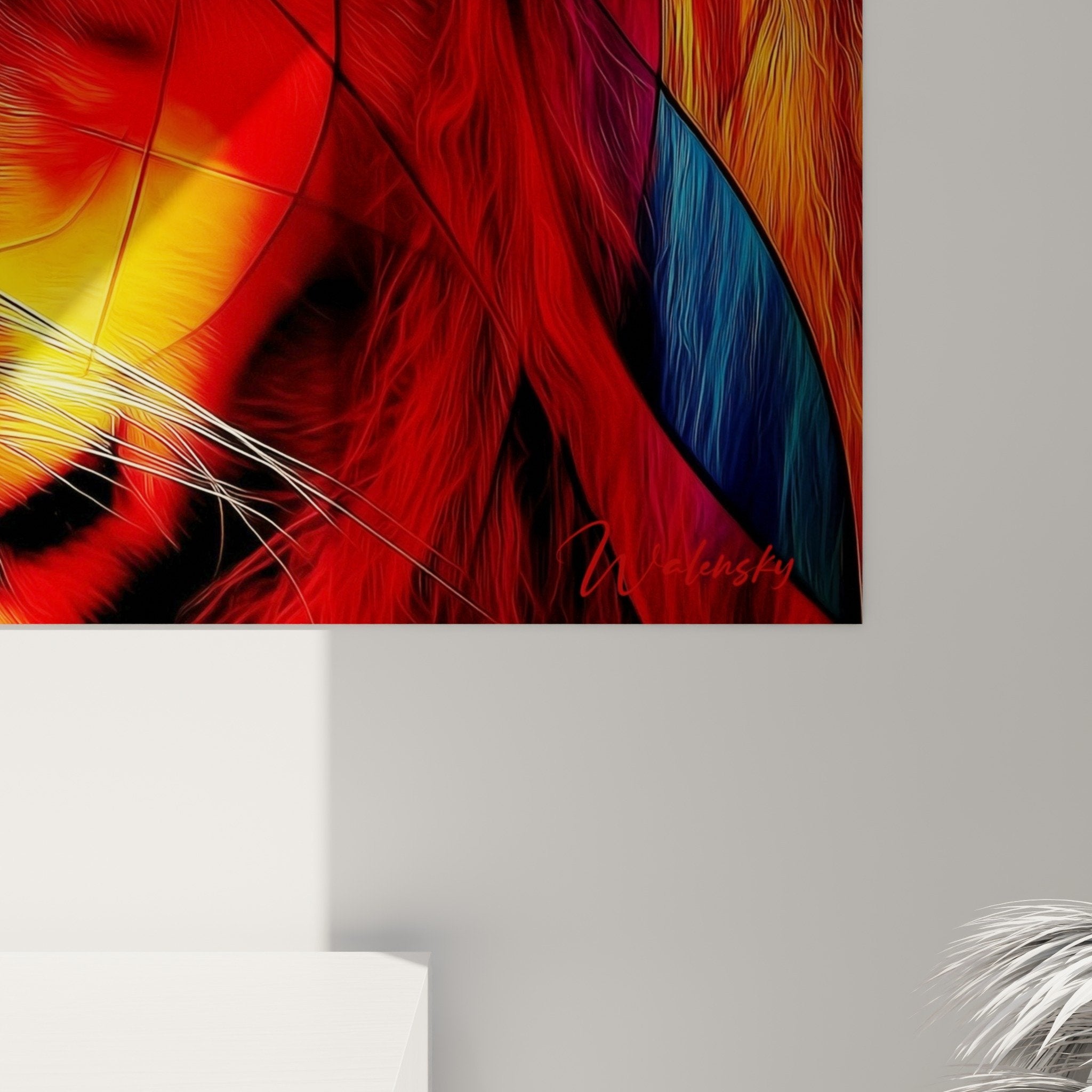Vue perspective tableau lion rouge doré salon moderne décoration murale majestueuse art animalier
