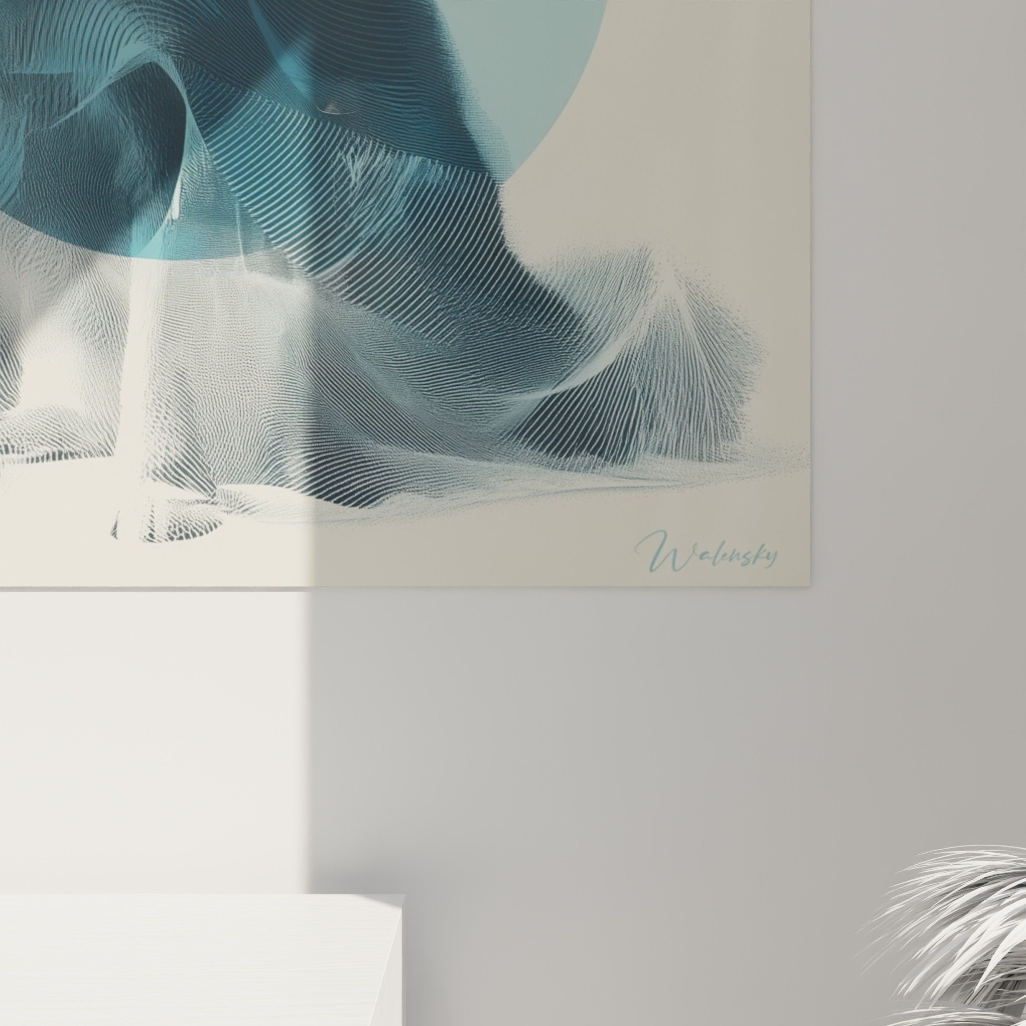 Complete view malamute Alaska wall art modern living room Scandinavian decor blue geometric