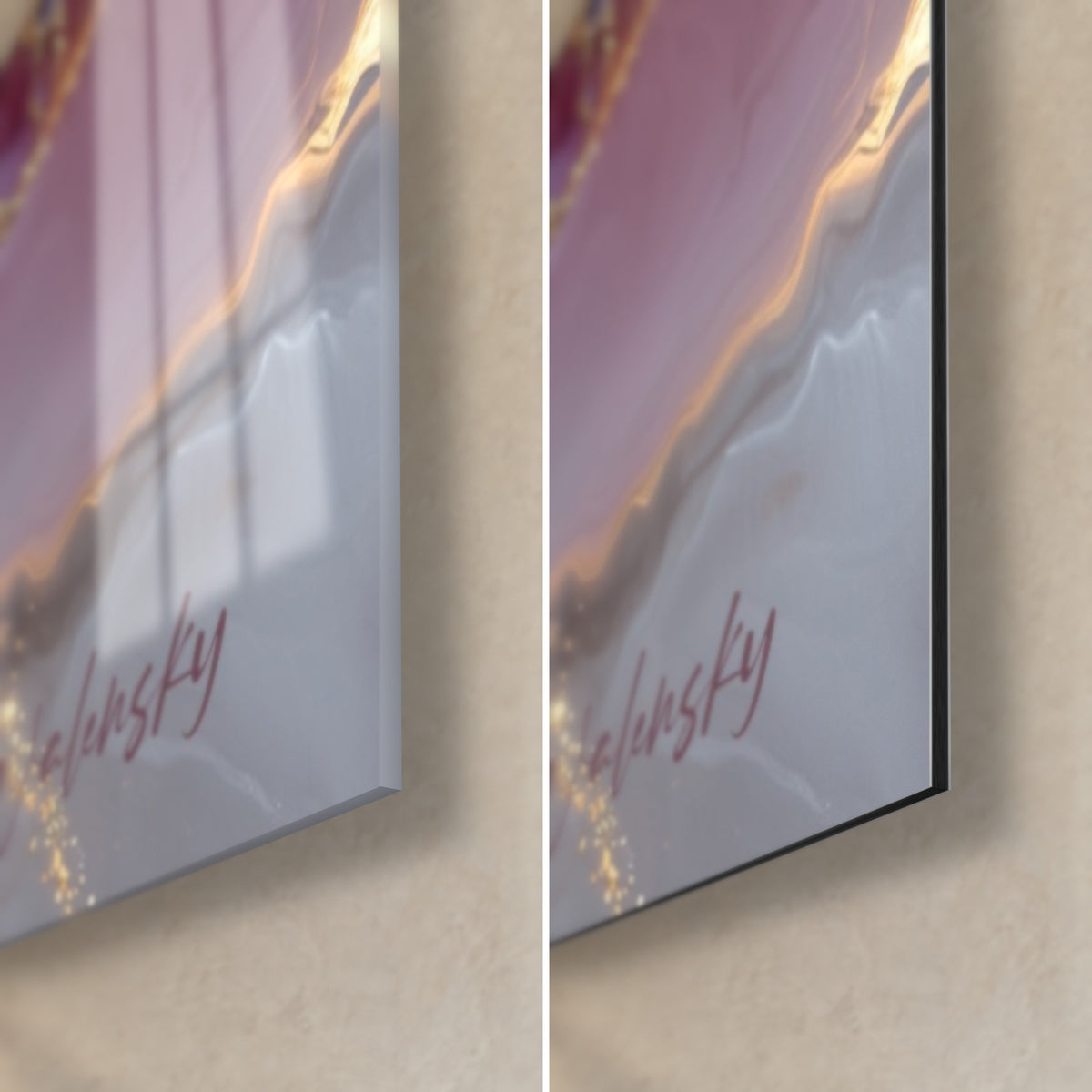Quadro marmo astratto viola e grigio argento, angolo in basso a destra, firma Walensky, vetro lucido e Dibond opaco, spessore 3 mm