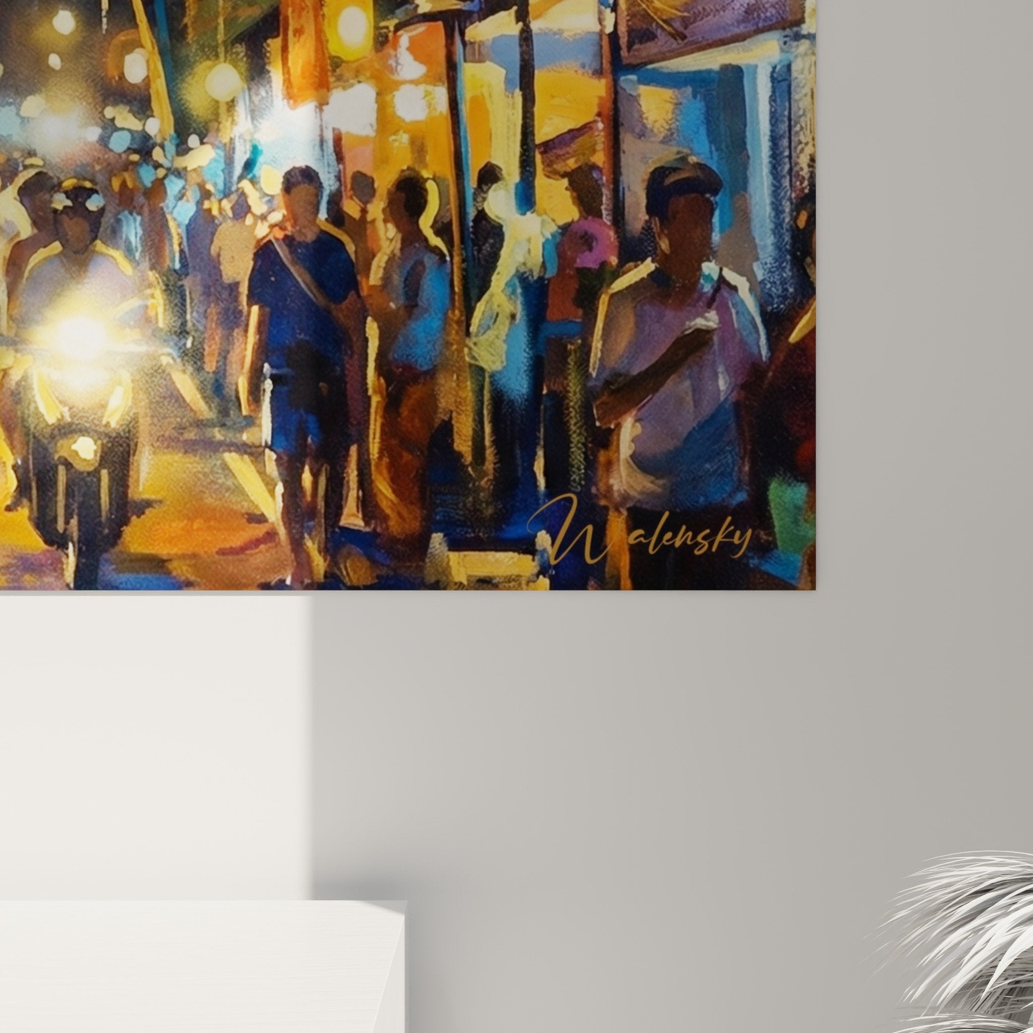 Vue ensemble tableau marche nocturne bali dans salon decoration murale exotique