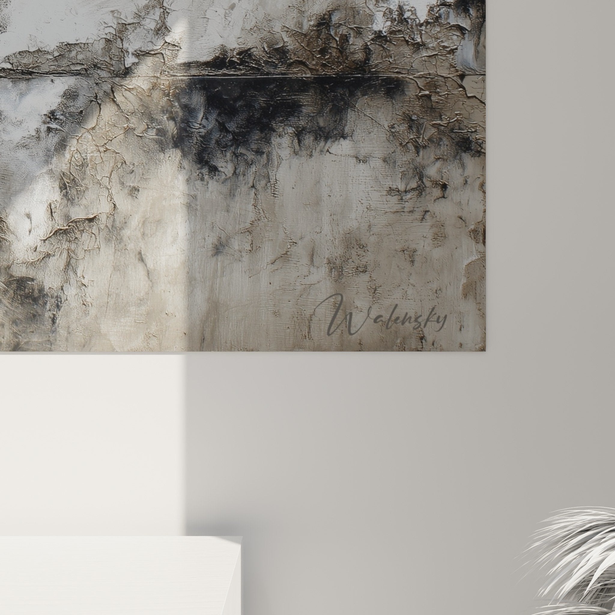 Vue ensemble tableau abstrait monochrome gris salon moderne decoration murale feng shui metal